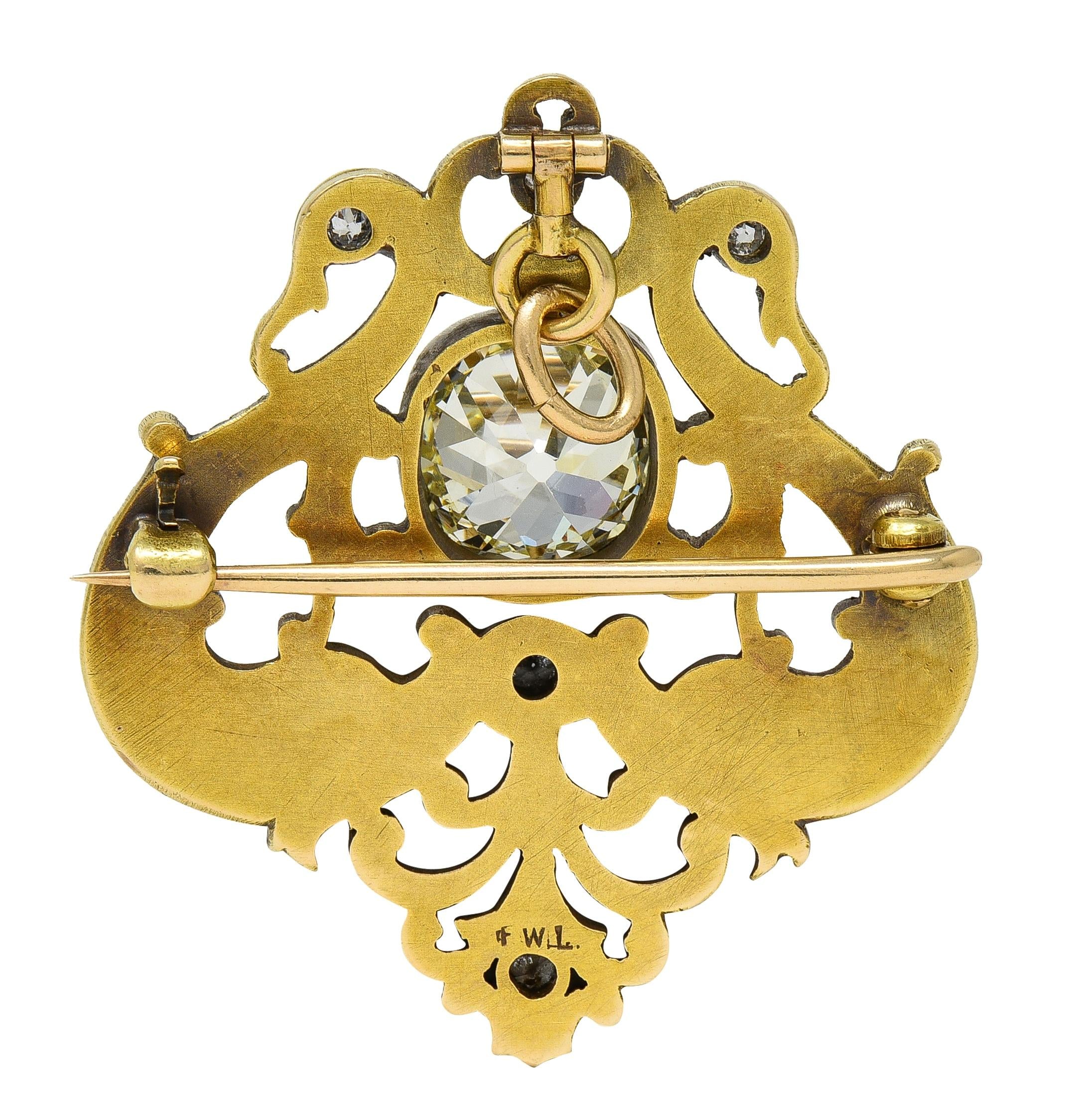 Frank Walter Lawrence Nouveau Diamond 14K Gold Antique Serpent Pendant Brooch