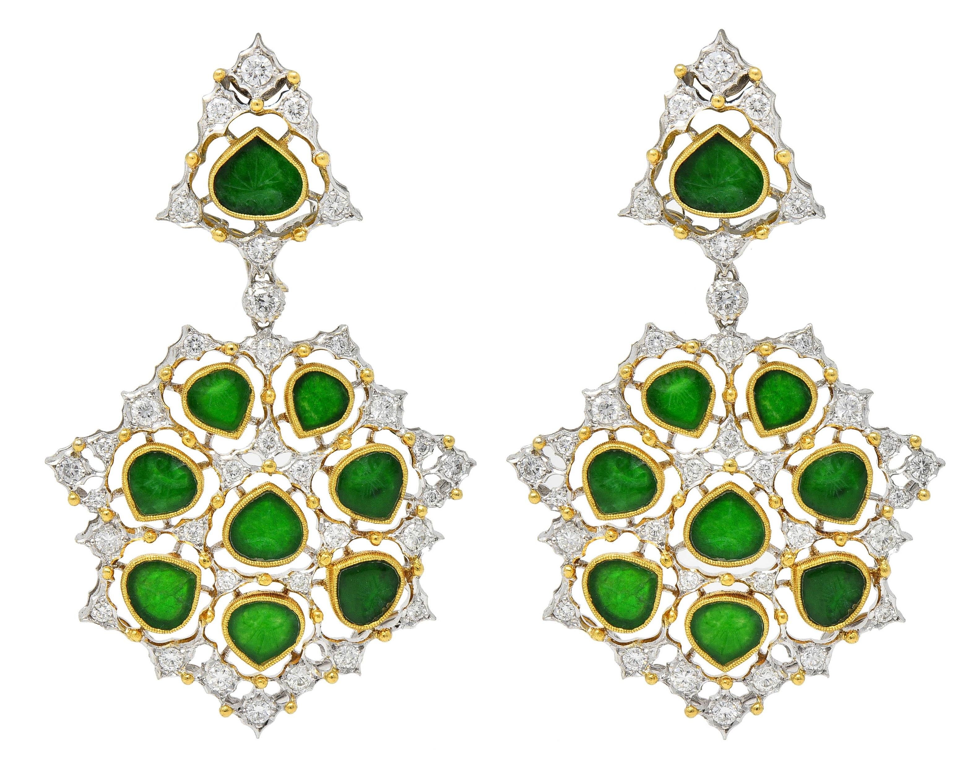 Gianmaria Buccellati 18 Karat Gold Vintage Diamond Carved Jade Drop Earrings