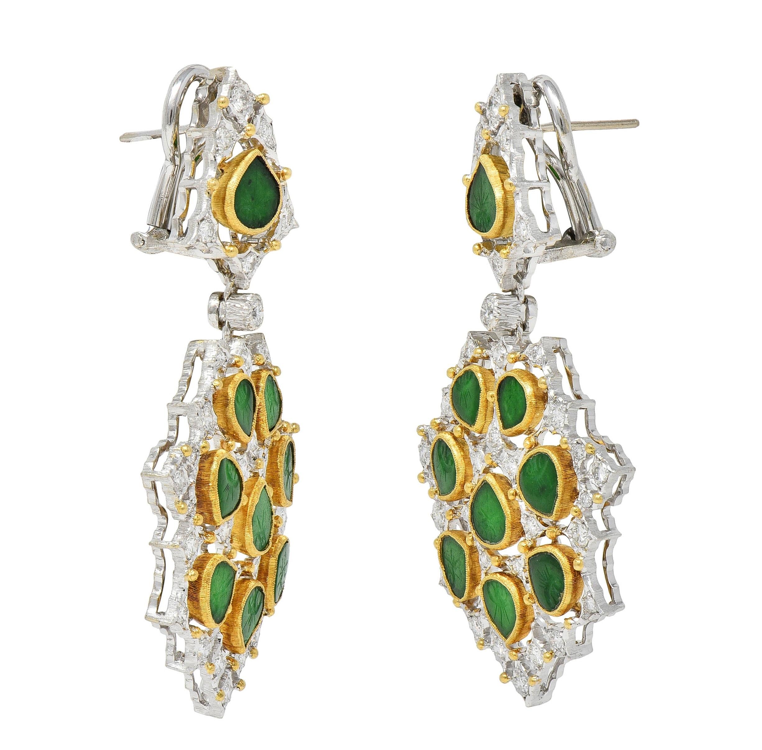 Gianmaria Buccellati 18 Karat Gold Vintage Diamond Carved Jade Drop Earrings