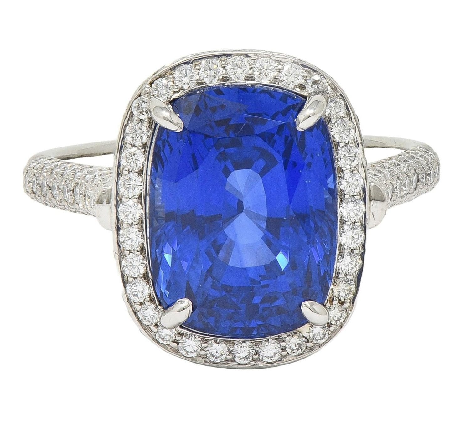 Tiffany & Co. 9.08 CTW Cushion Cut Blue Sapphire Diamond Platinum Halo Ring AGL