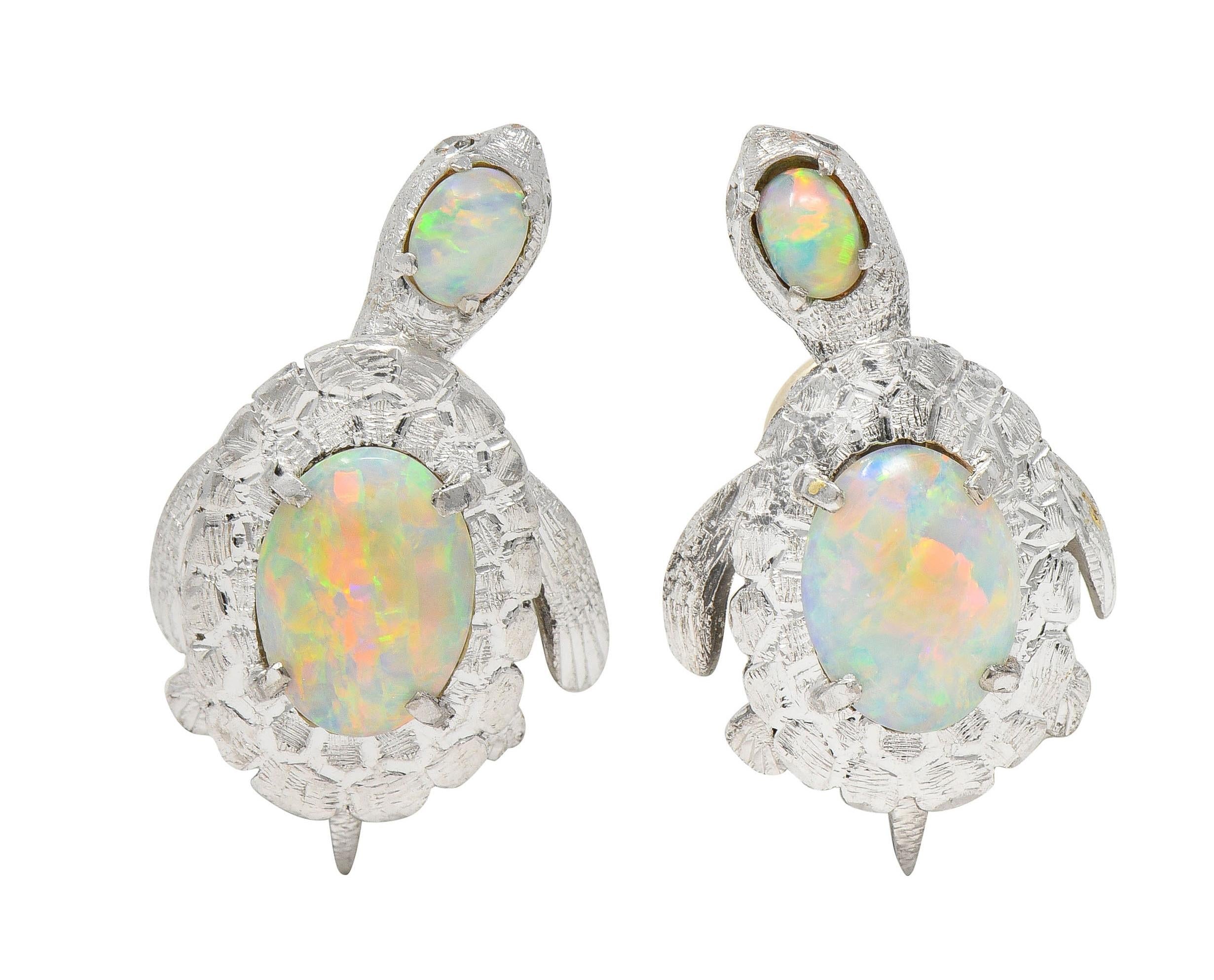 1990's Opal Diamond 18 Karat White Gold Vintage Turtle Earrings