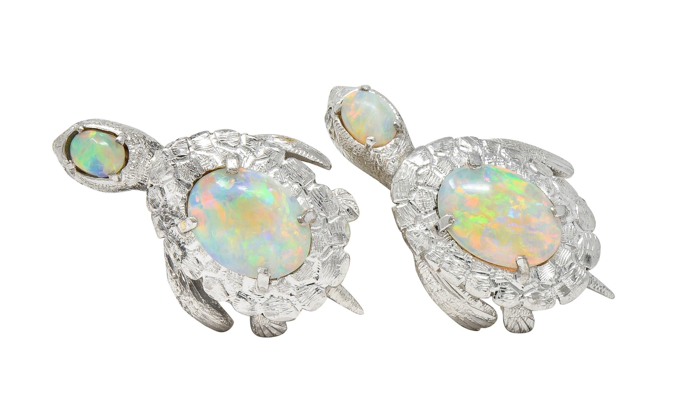 1990's Opal Diamond 18 Karat White Gold Vintage Turtle Earrings