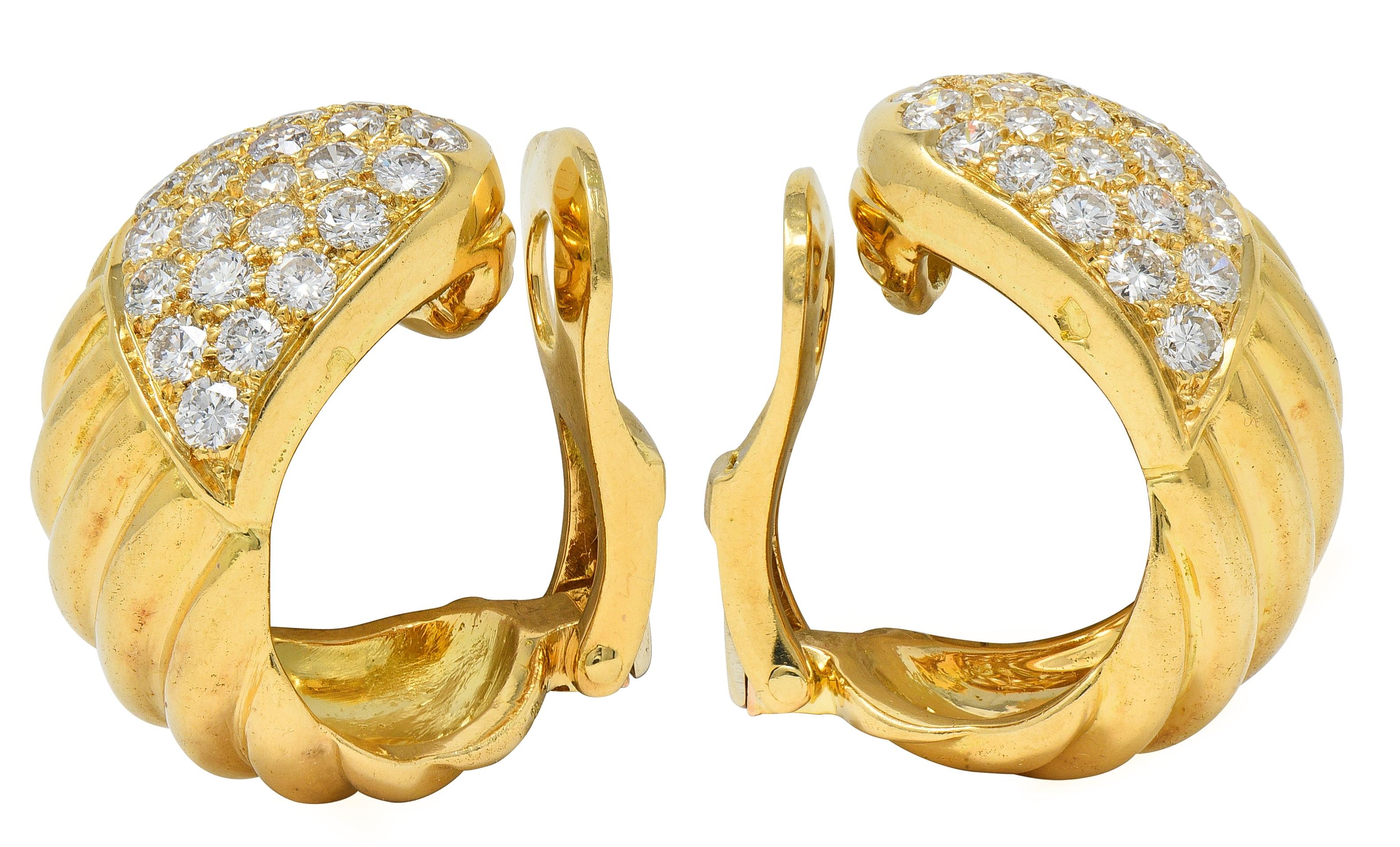 Van Cleef & Arpels French 1980's Diamond 18K Gold J-Hoop Ear-Clip Earrings