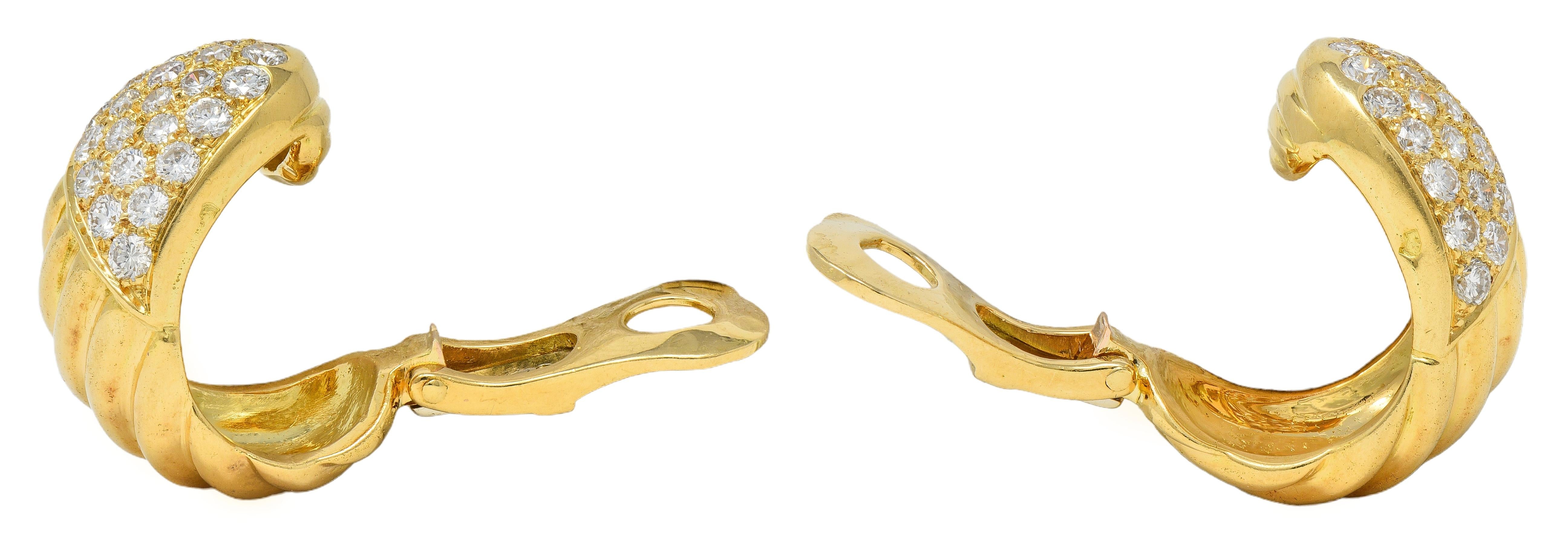 Van Cleef & Arpels French 1980's Diamond 18K Gold J-Hoop Ear-Clip Earrings