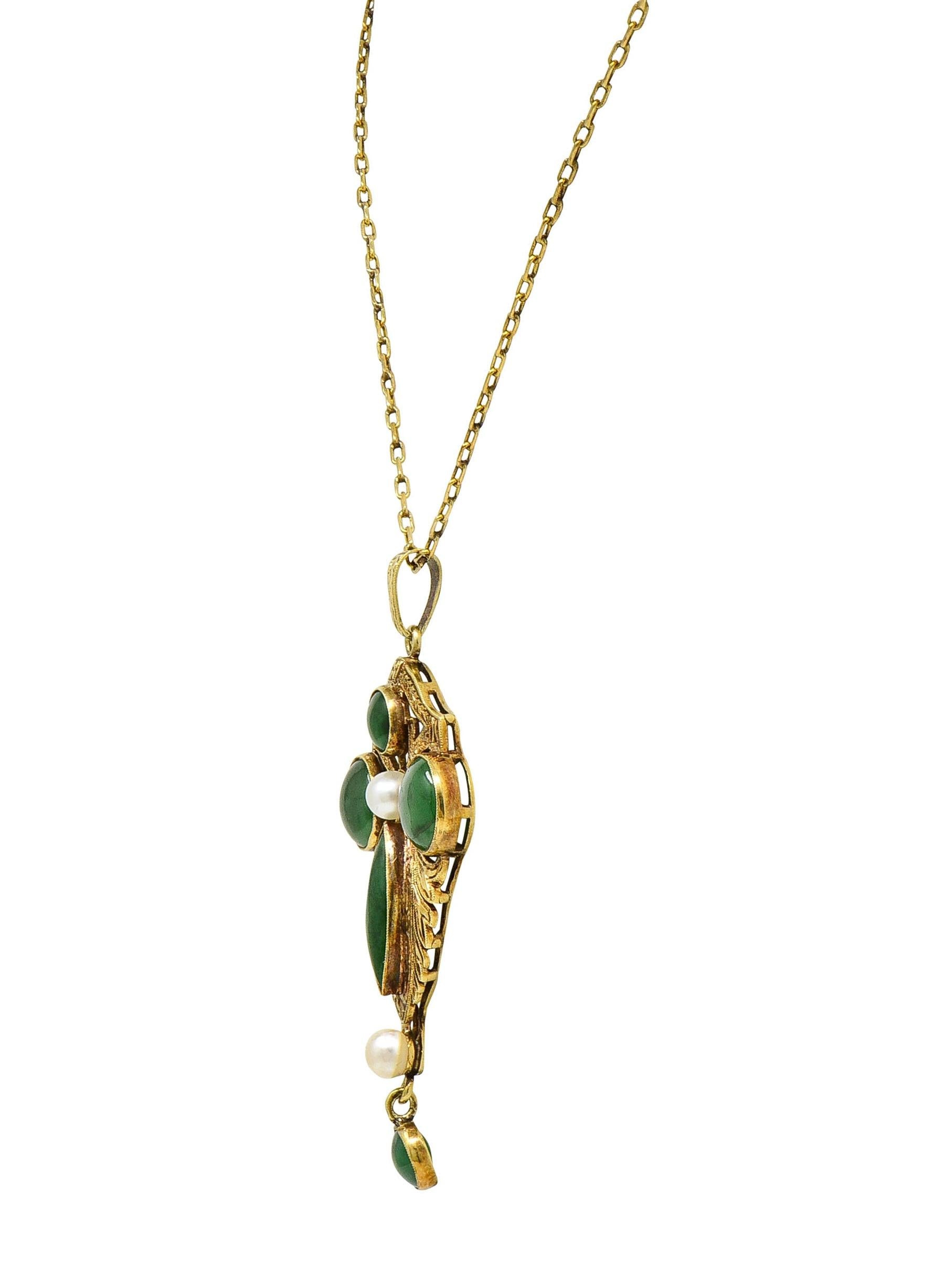 Early Art Deco Jade Pearl 14 Karat Yellow Gold Antique Drop Pendant Necklace