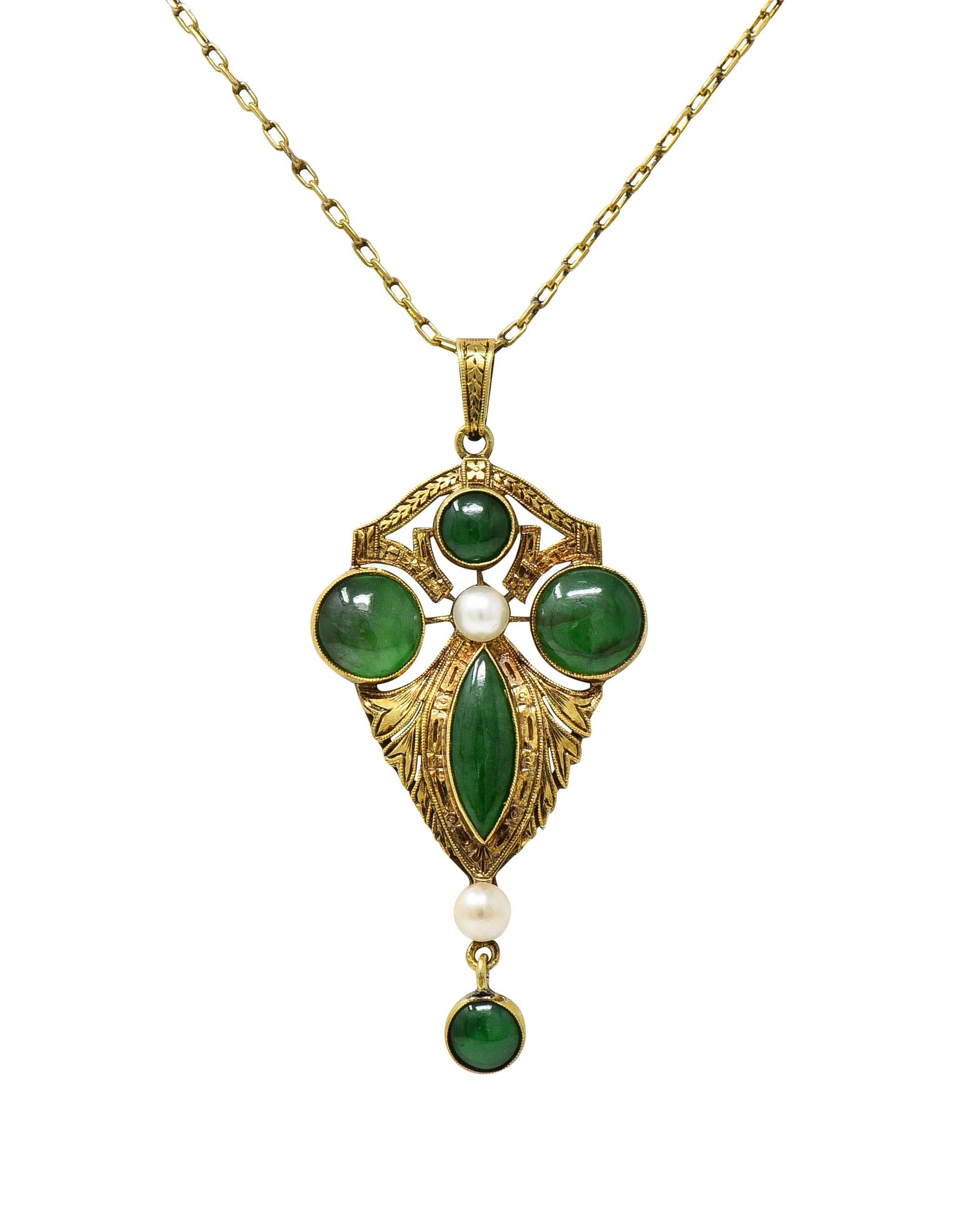 Early Art Deco Jade Pearl 14 Karat Yellow Gold Antique Drop Pendant Necklace