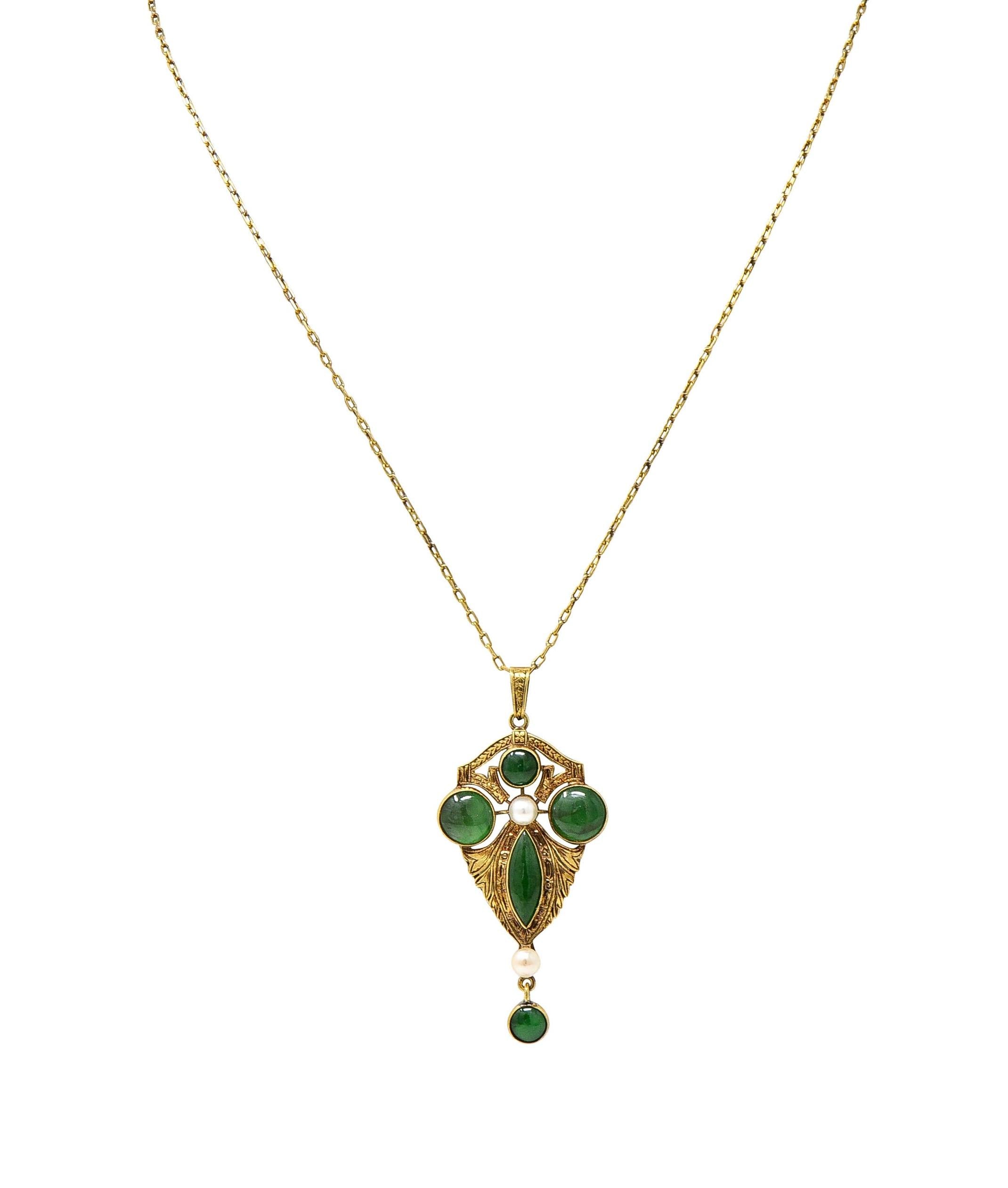 Early Art Deco Jade Pearl 14 Karat Yellow Gold Antique Drop Pendant Necklace