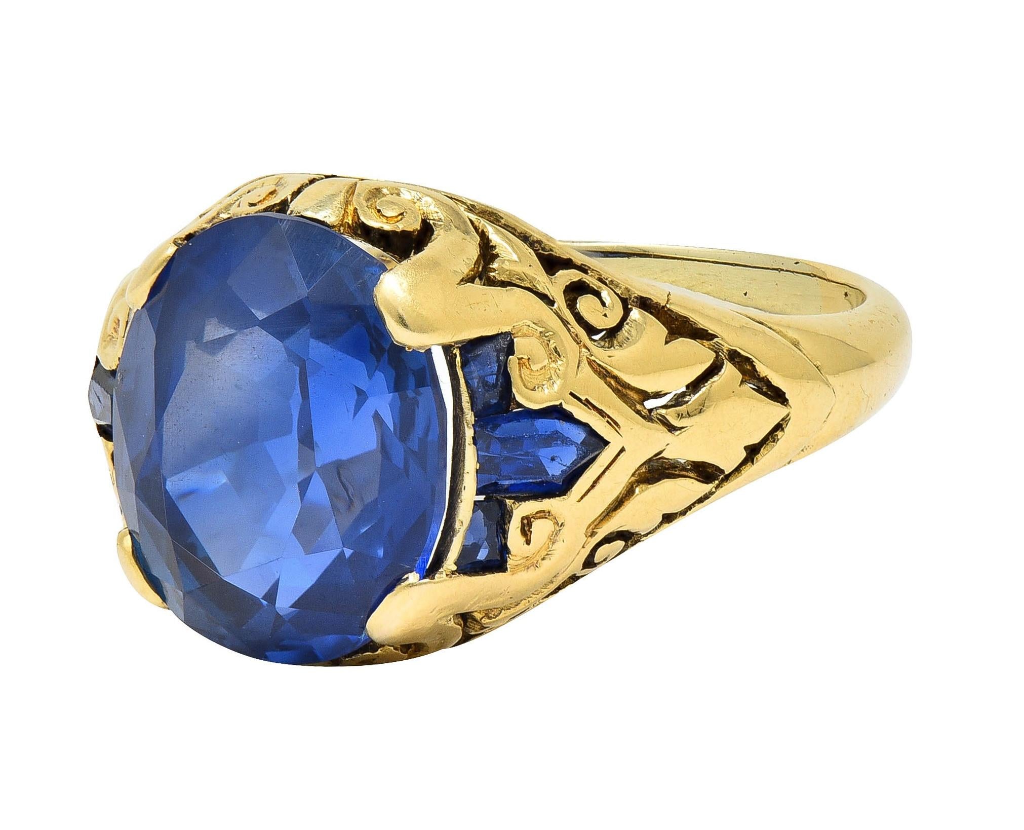 1925 Art Deco 6.57 CTW No Heat Burma Sapphire 14K Gold Antique Scroll Ring AGL