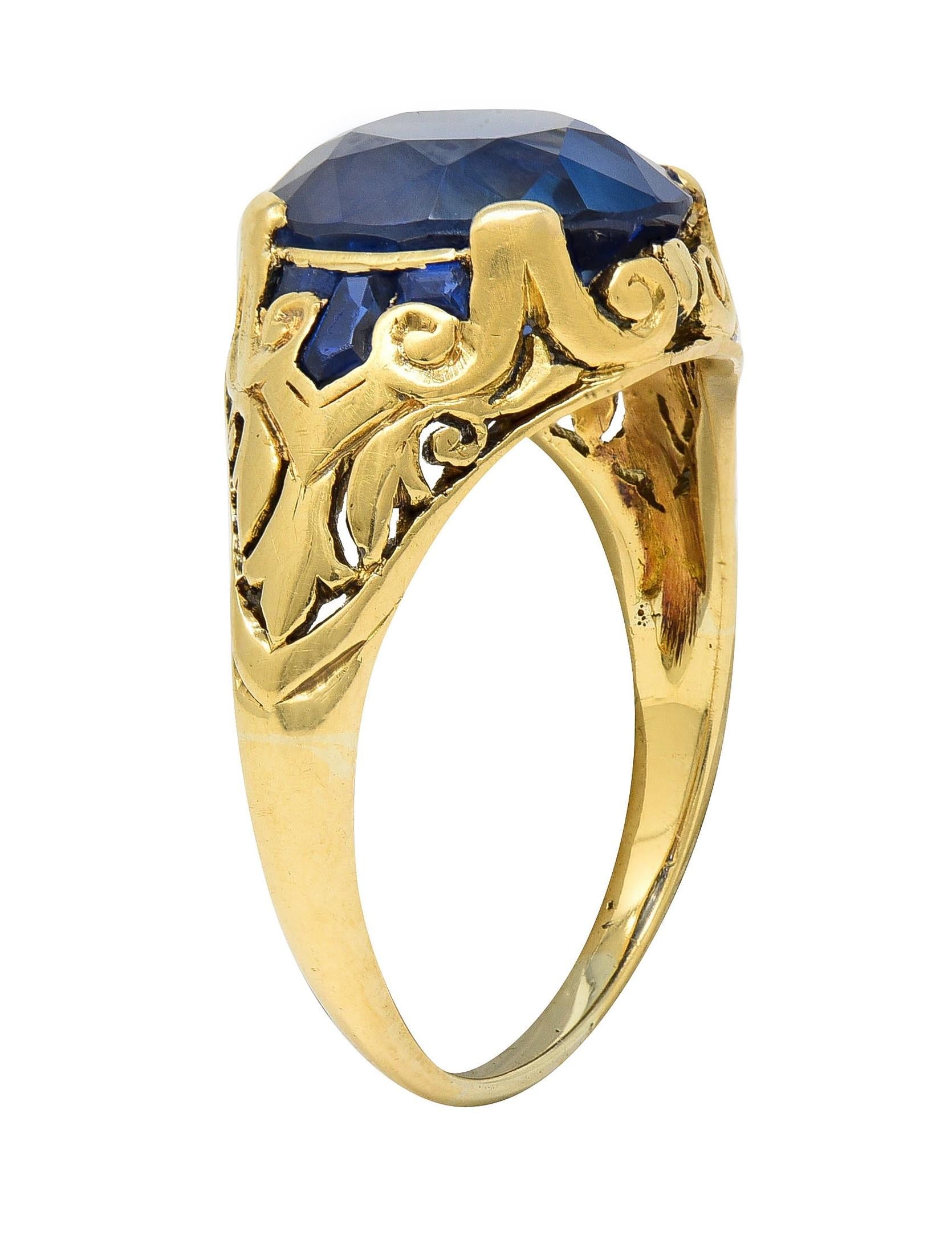 1925 Art Deco 6.57 CTW No Heat Burma Sapphire 14K Gold Antique Scroll Ring AGL