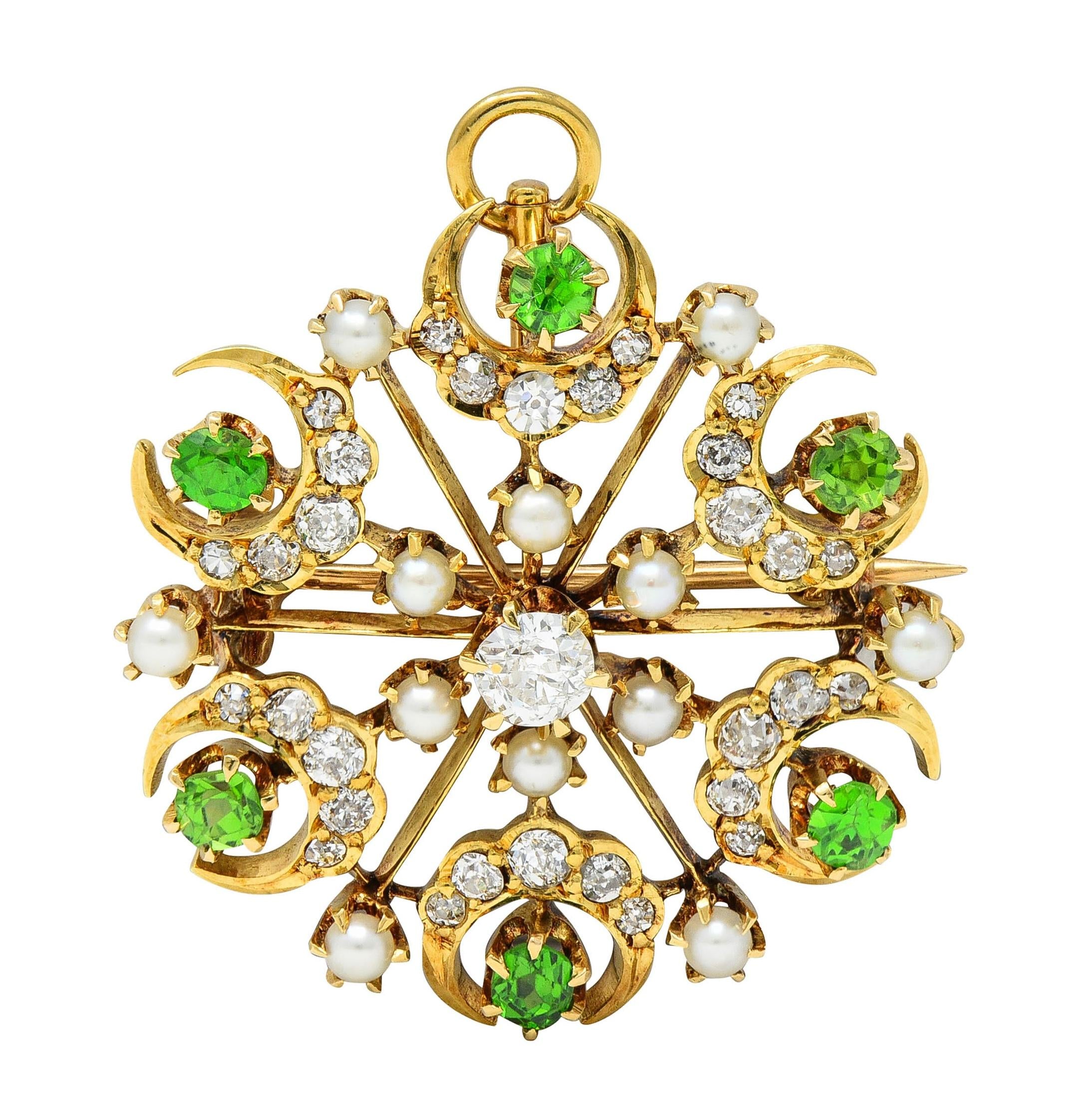 Victorian Diamond Demantoid Pearl 18K Gold Antique Starburst Pendant Brooch