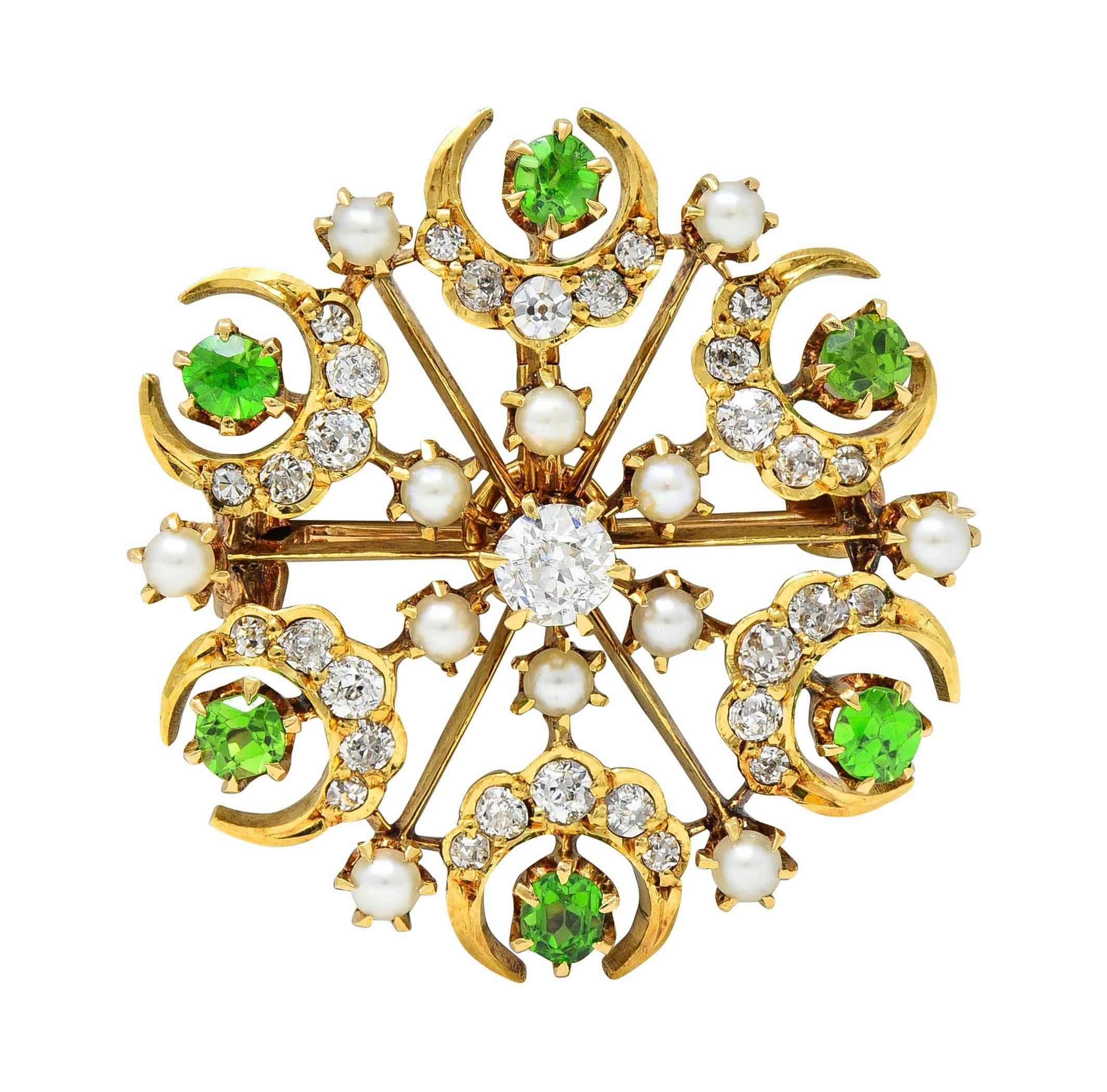 Victorian Diamond Demantoid Pearl 18K Gold Antique Starburst Pendant Brooch