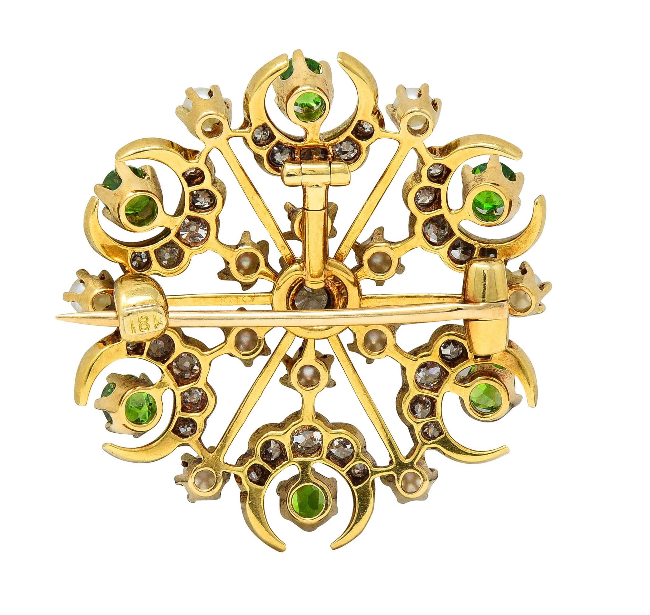 Victorian Diamond Demantoid Pearl 18K Gold Antique Starburst Pendant Brooch