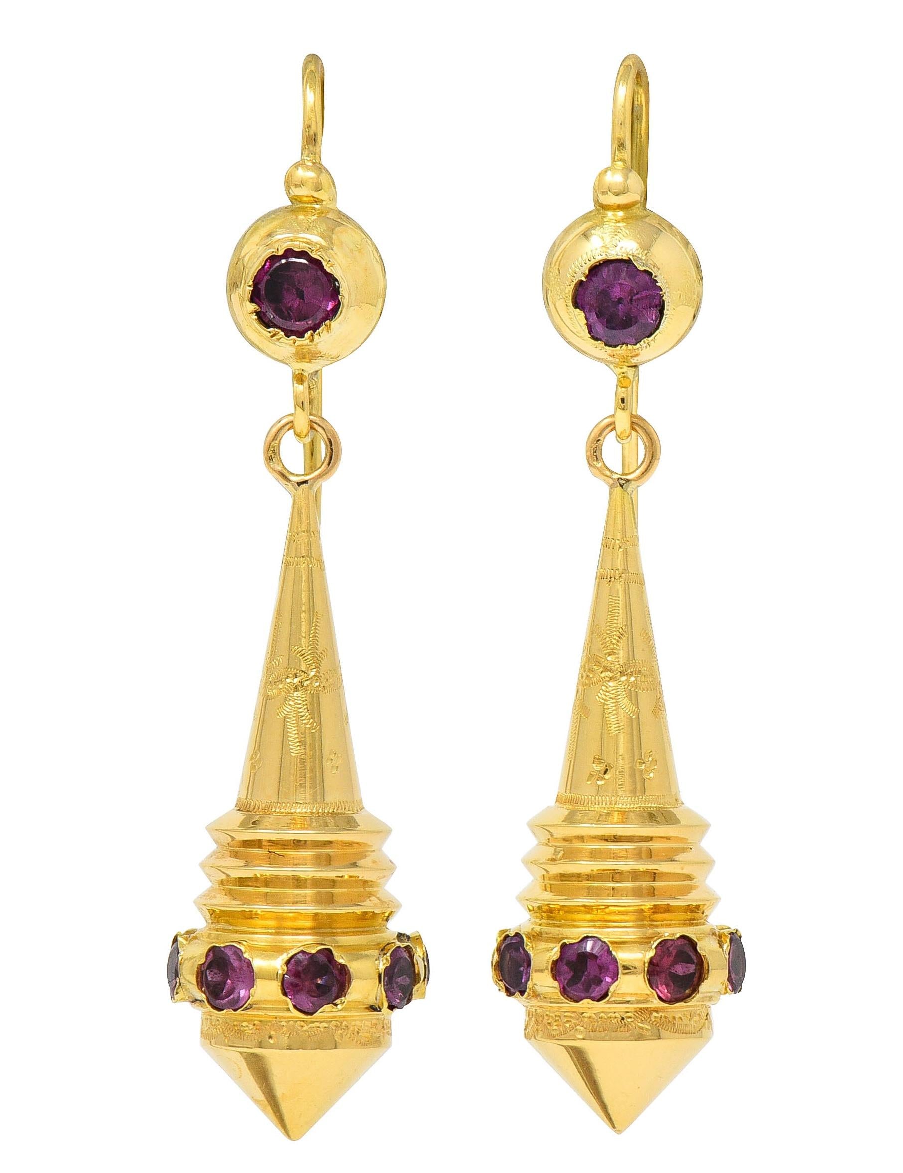 French Victorian Etruscan Revival Tourmaline 18 Karat Gold Antique Drop Earrings