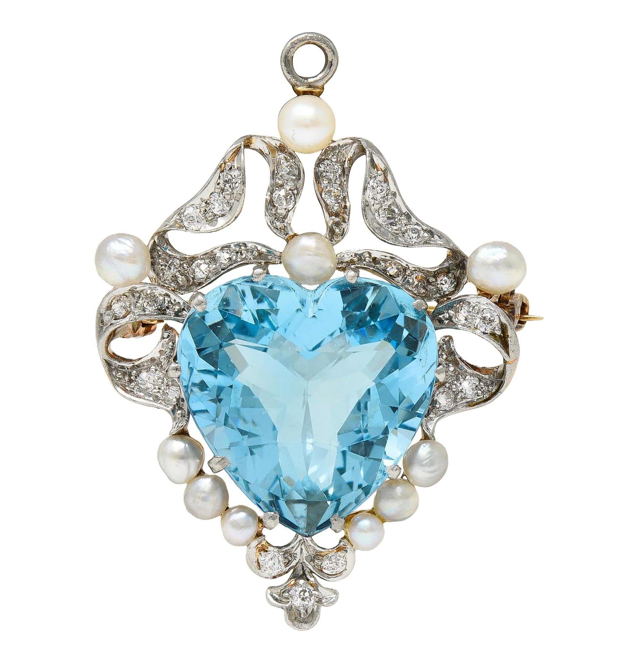 Edwardian Aquamarine Diamond Pearl Platinum 18K Gold Antique Pendant Brooch