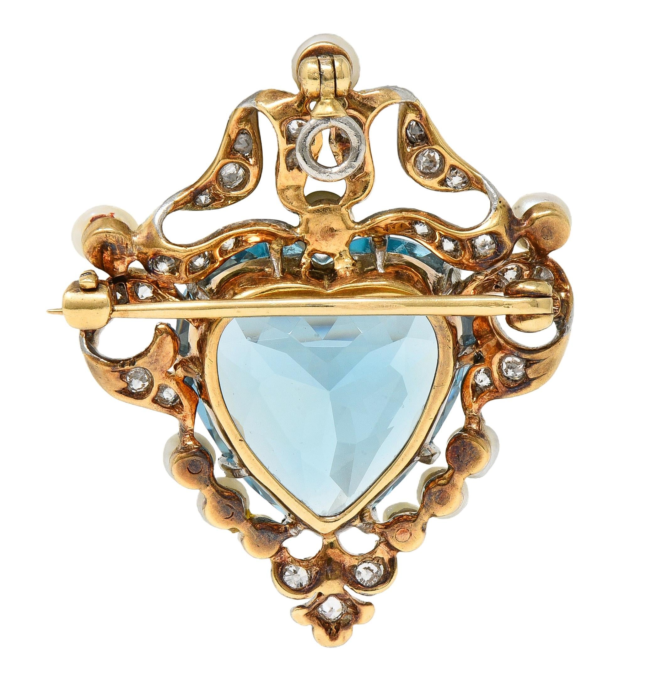 Edwardian Aquamarine Diamond Pearl Platinum 18K Gold Antique Pendant Brooch
