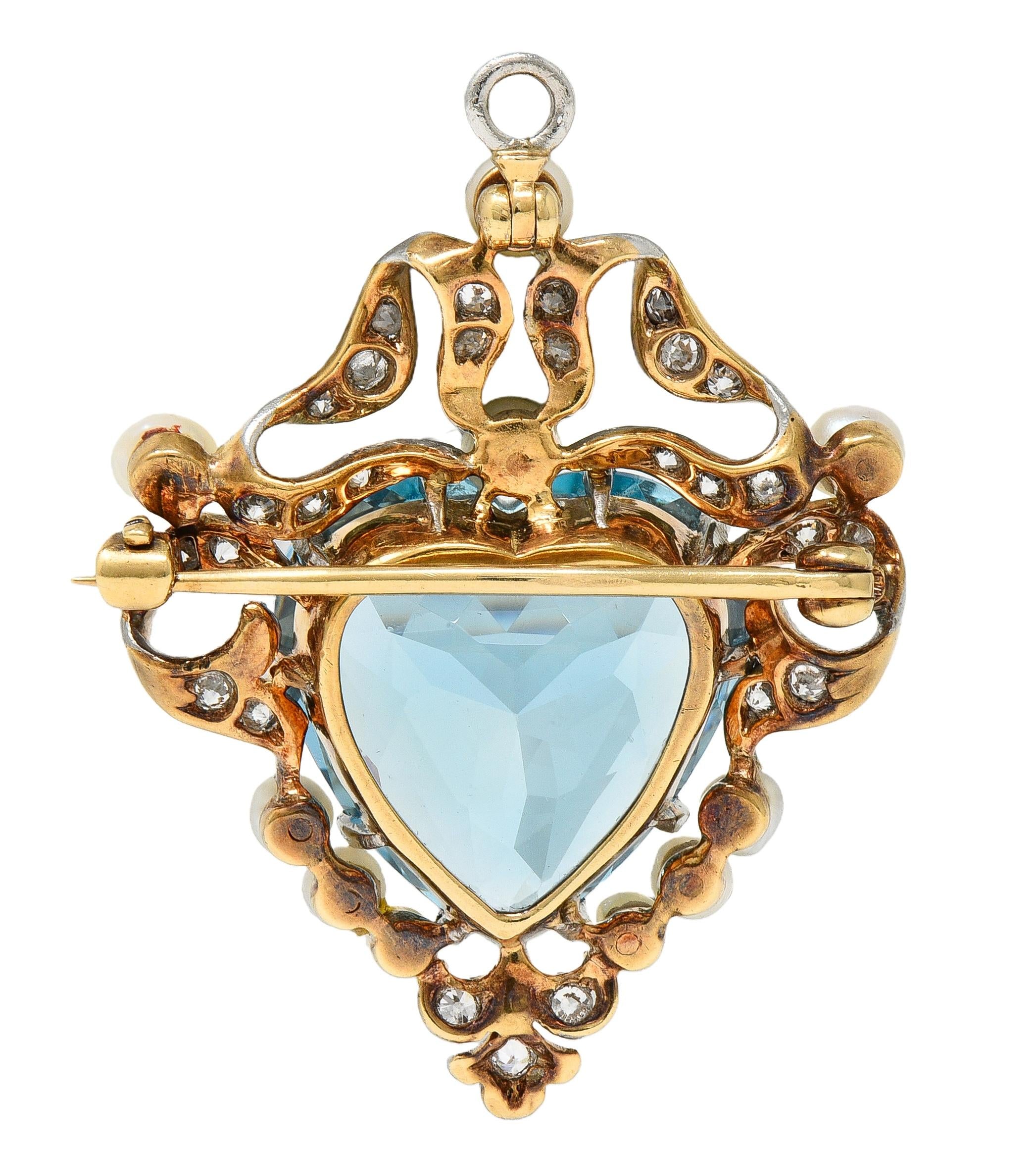 Edwardian Aquamarine Diamond Pearl Platinum 18K Gold Antique Pendant Brooch