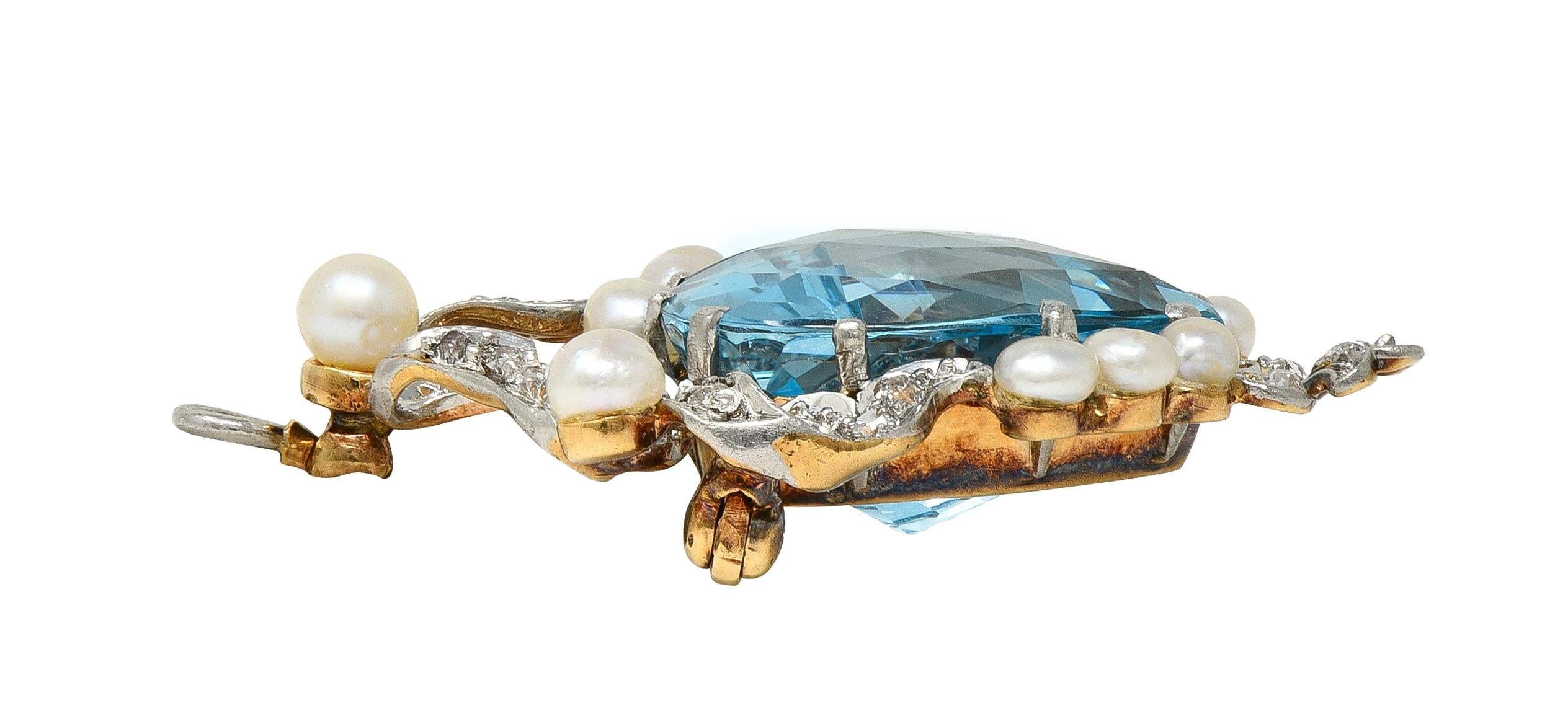 Edwardian Aquamarine Diamond Pearl Platinum 18K Gold Antique Pendant Brooch