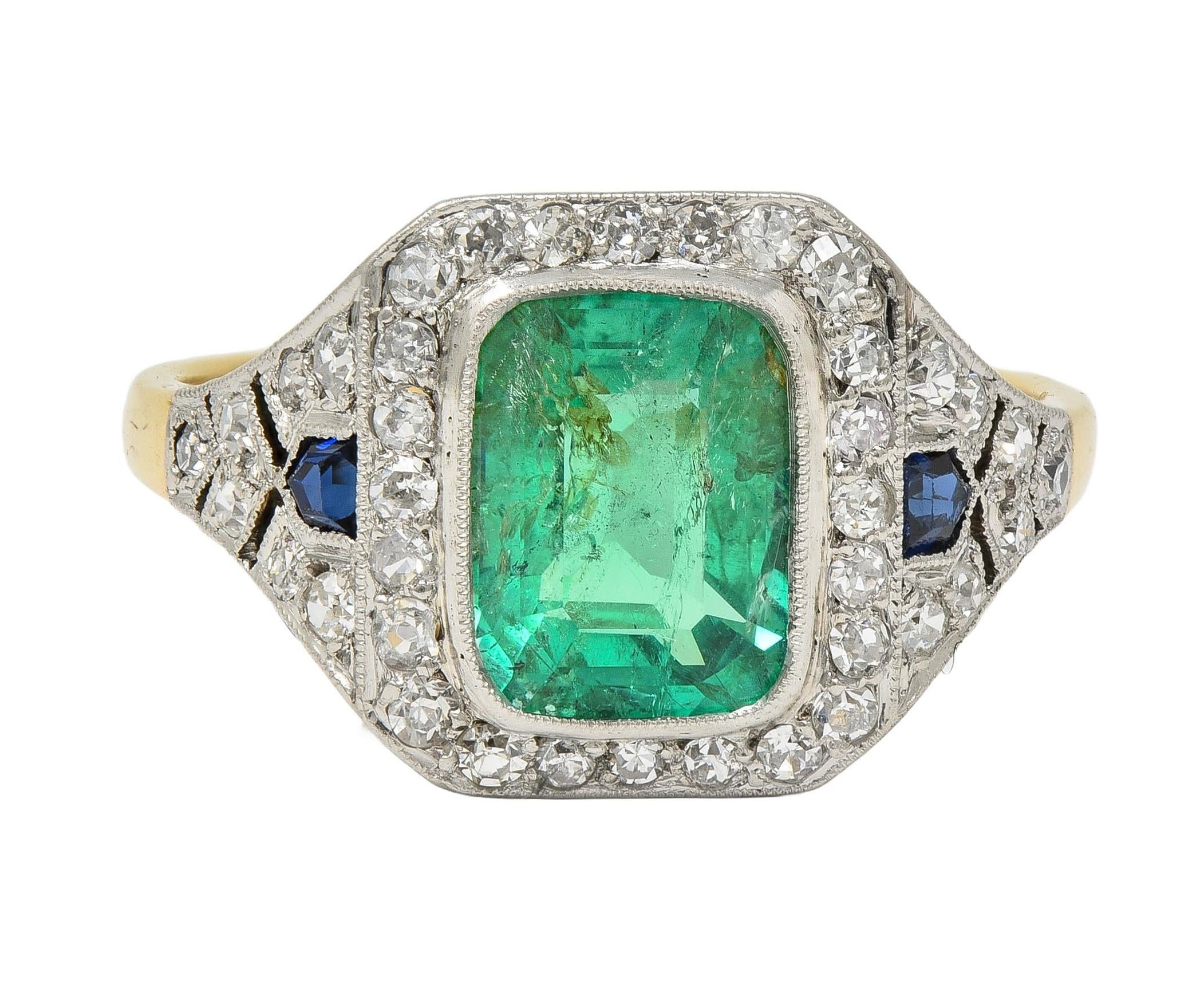 French Art Deco 1920 2.61 CTW Emerald Diamond Platinum 18K Gold Antique Ring