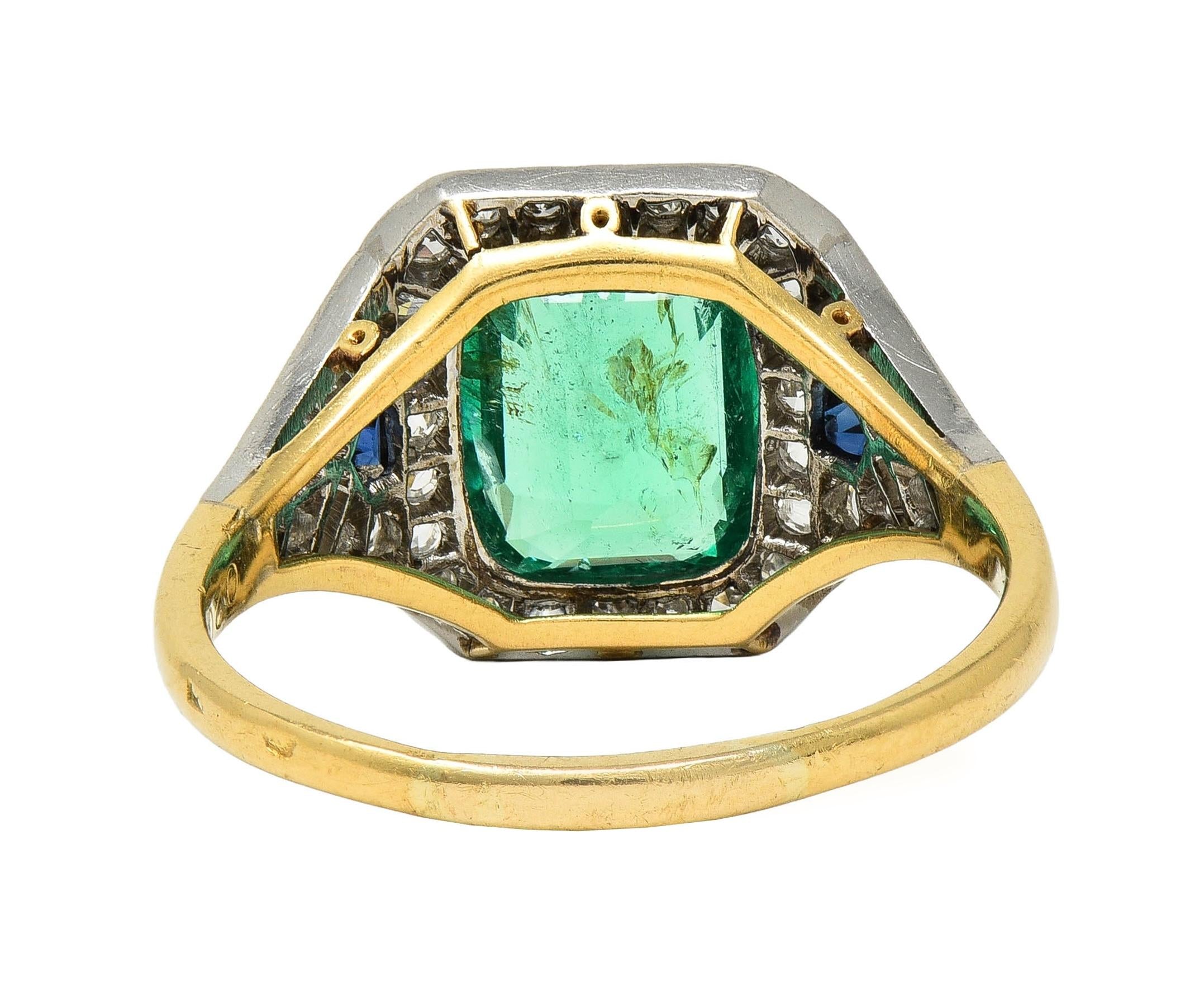 French Art Deco 1920 2.61 CTW Emerald Diamond Platinum 18K Gold Antique Ring