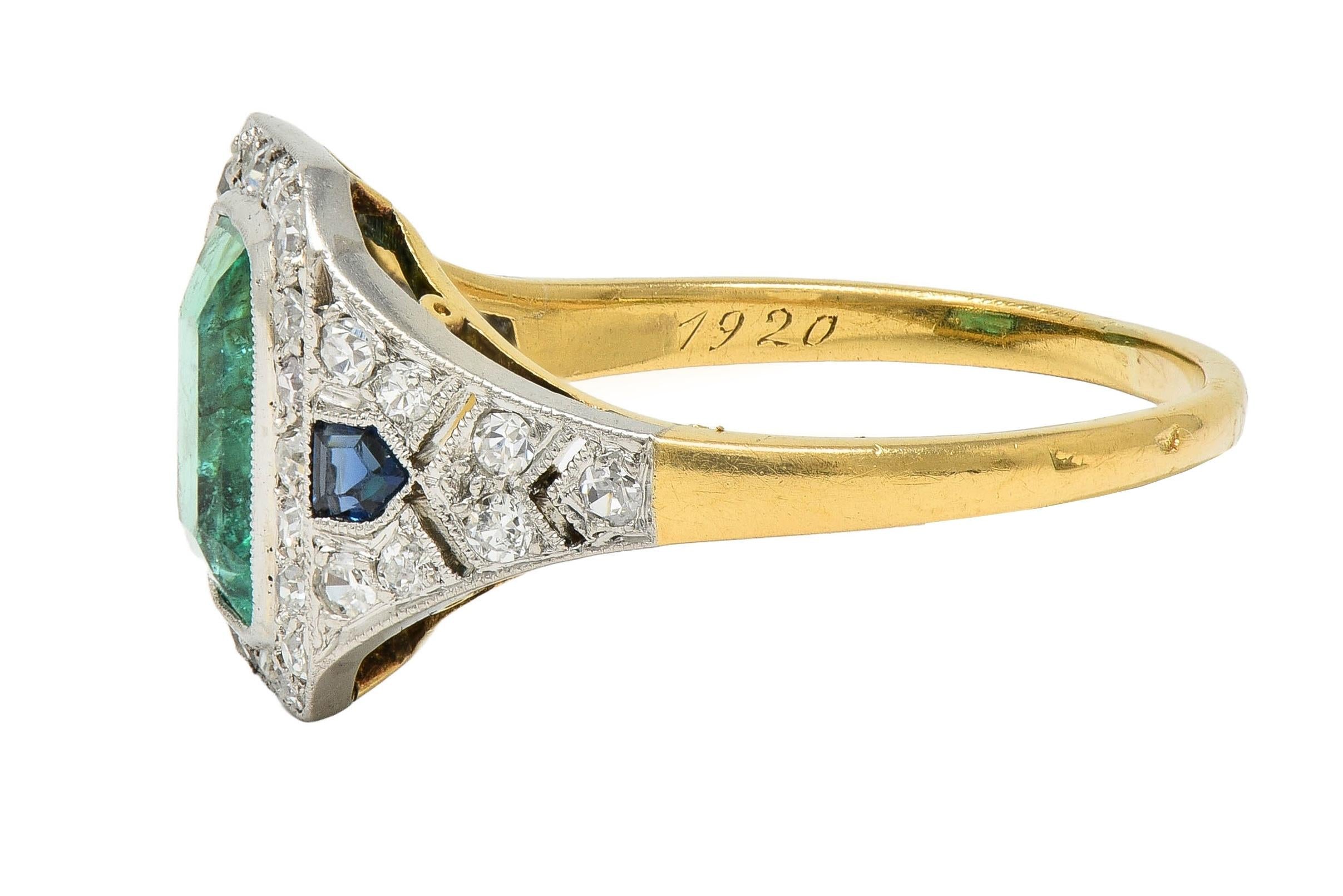 French Art Deco 1920 2.61 CTW Emerald Diamond Platinum 18K Gold Antique Ring