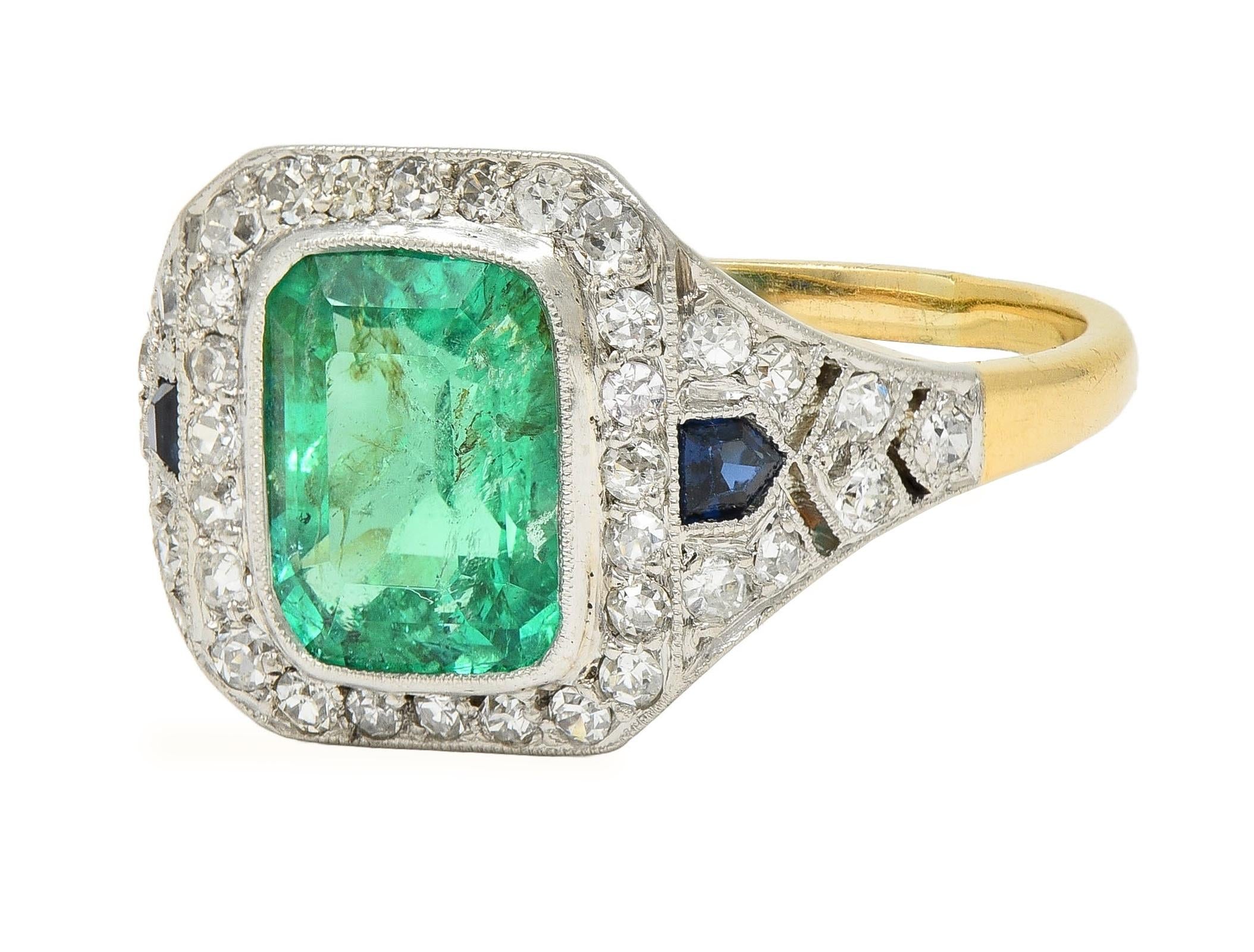 French Art Deco 1920 2.61 CTW Emerald Diamond Platinum 18K Gold Antique Ring