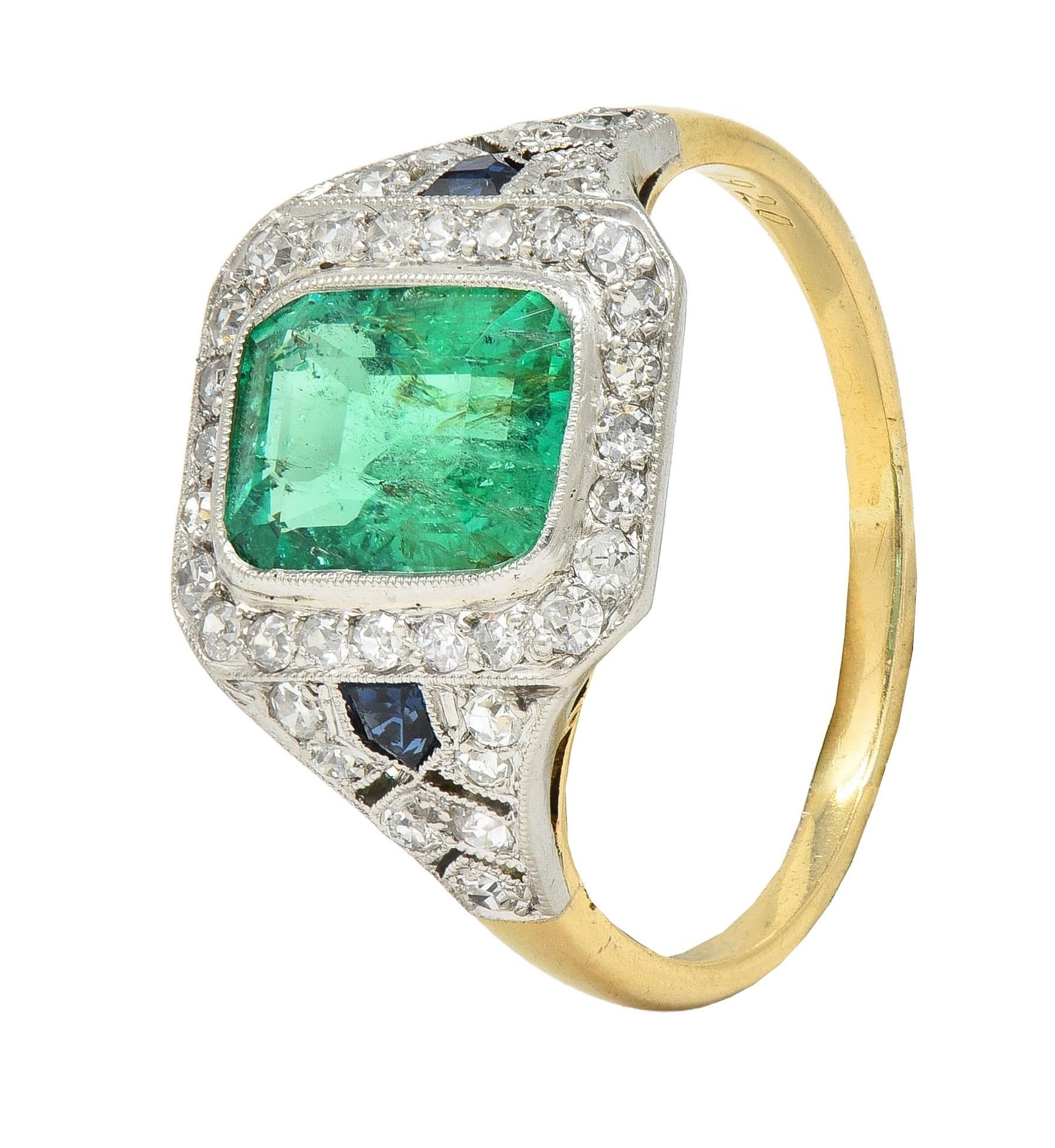 French Art Deco 1920 2.61 CTW Emerald Diamond Platinum 18K Gold Antique Ring