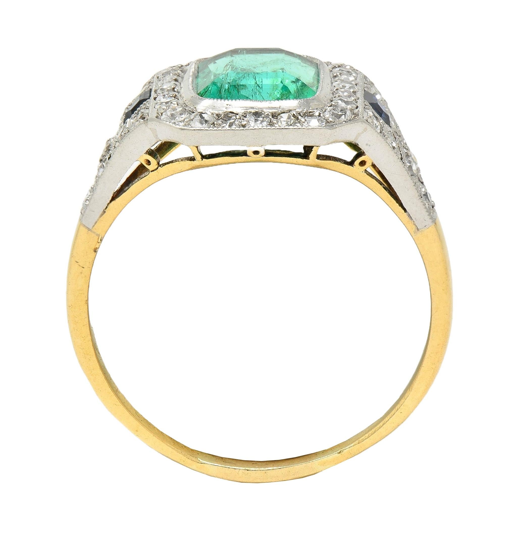 French Art Deco 1920 2.61 CTW Emerald Diamond Platinum 18K Gold Antique Ring