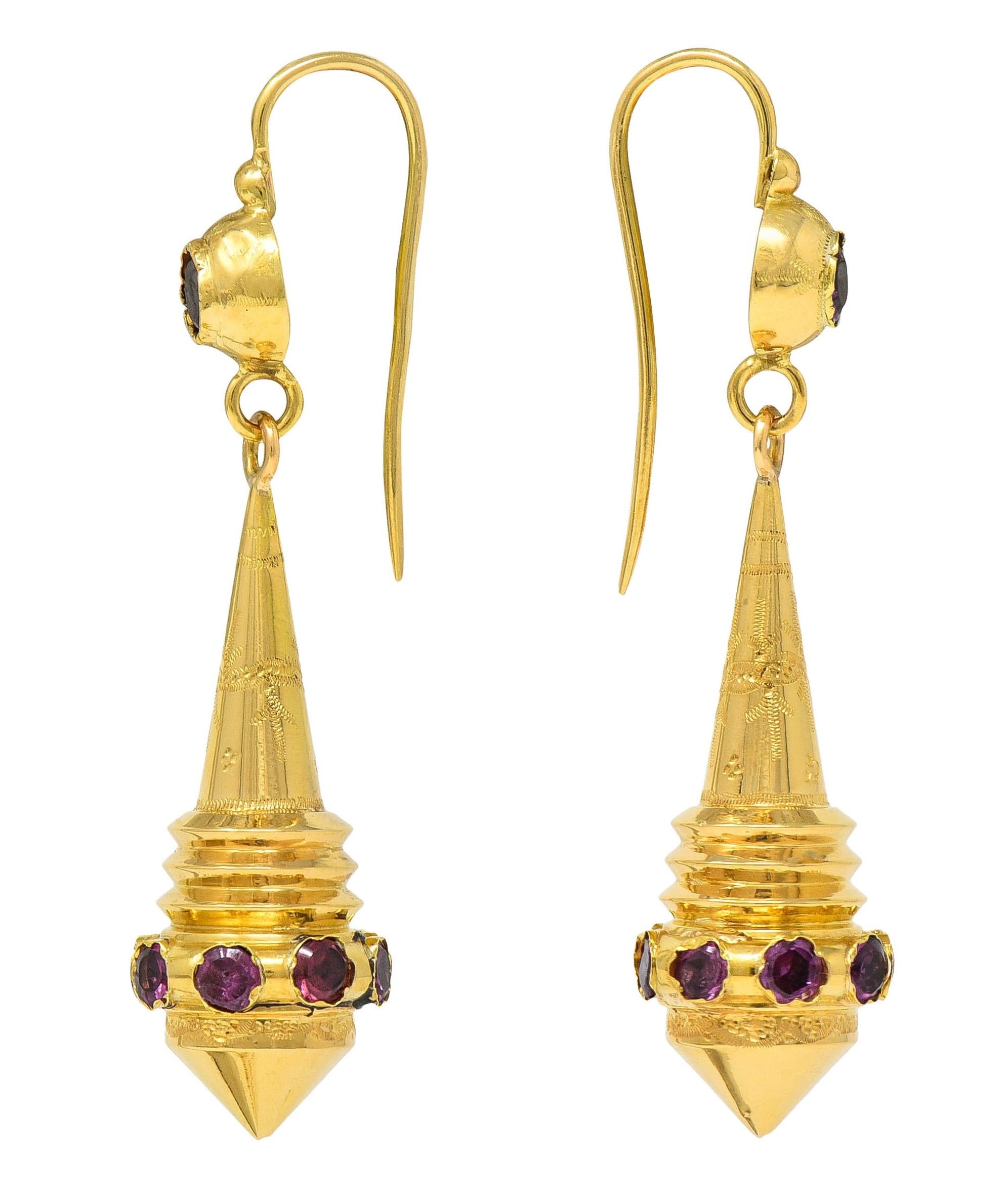 French Victorian Etruscan Revival Tourmaline 18 Karat Gold Antique Drop Earrings