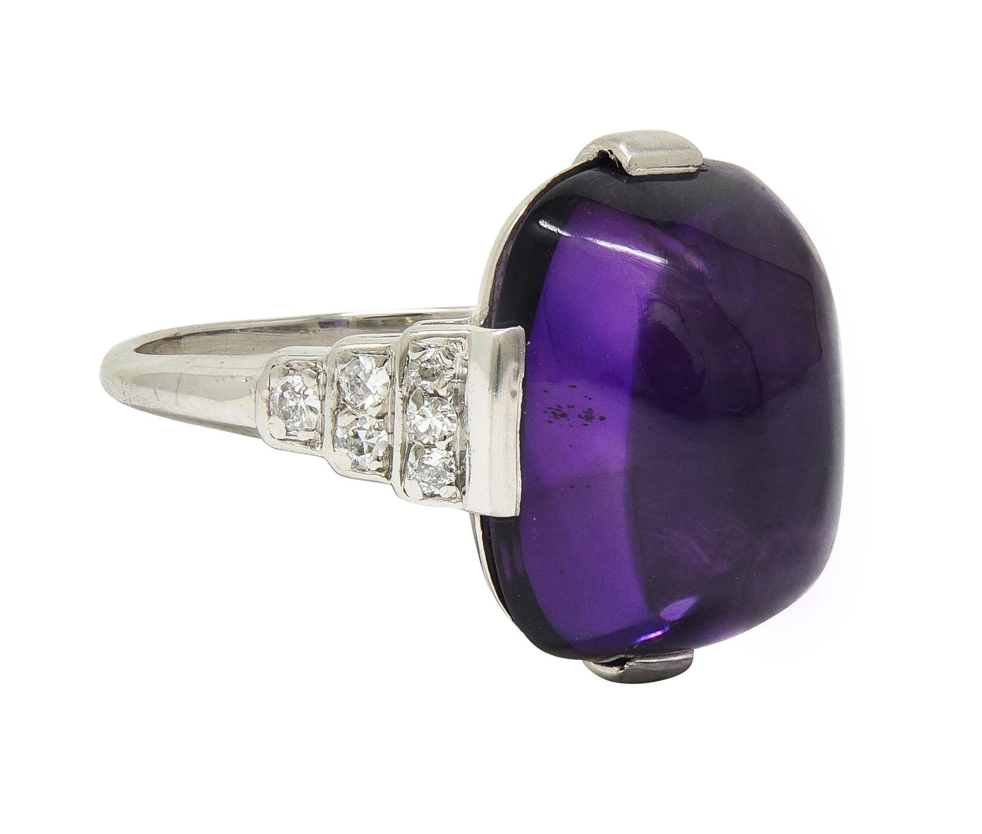 Art Deco Amethyst Cabochon Diamond Platinum Vintage Stepped Cocktail Ring