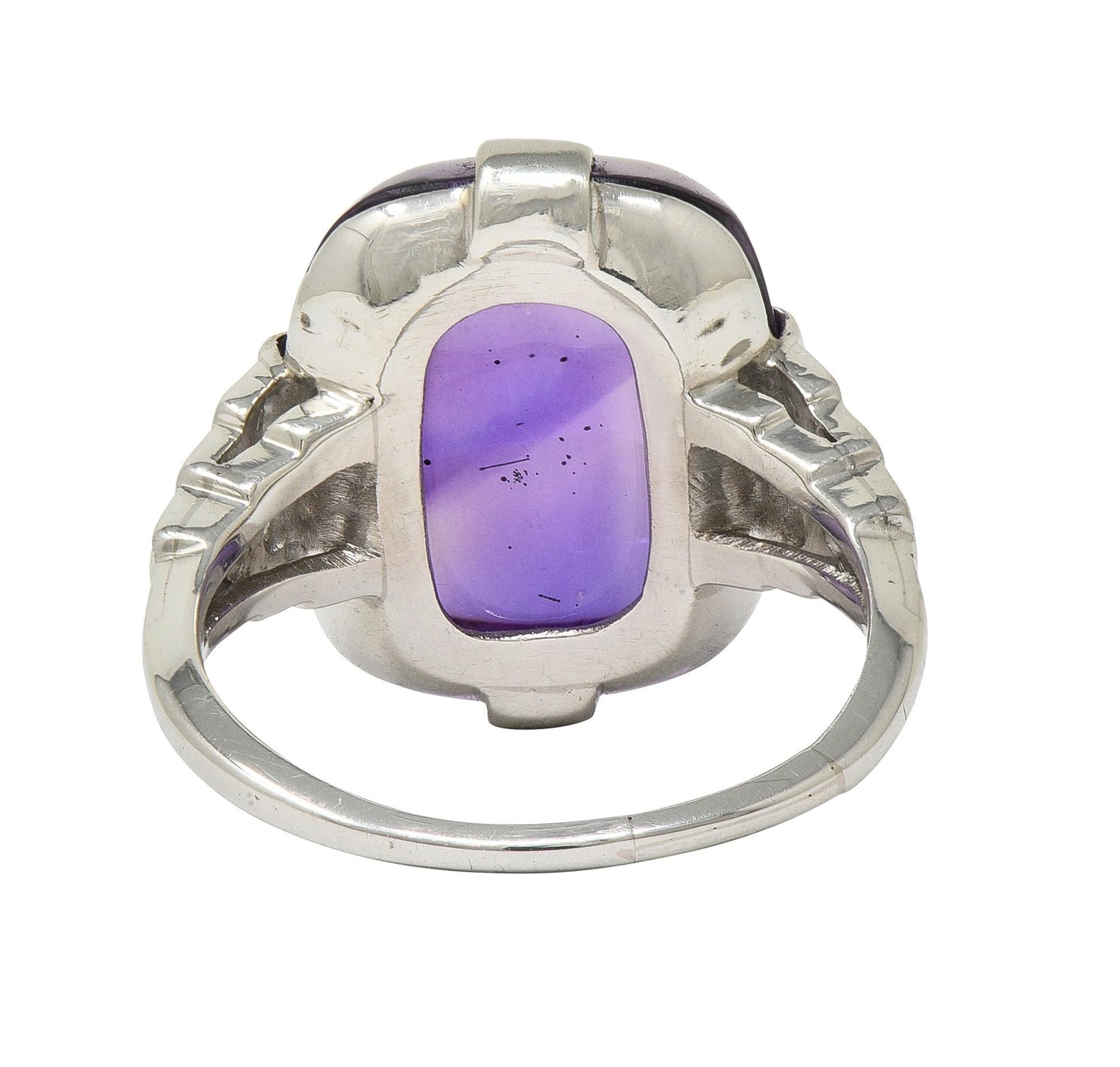 Art Deco Amethyst Cabochon Diamond Platinum Vintage Stepped Cocktail Ring