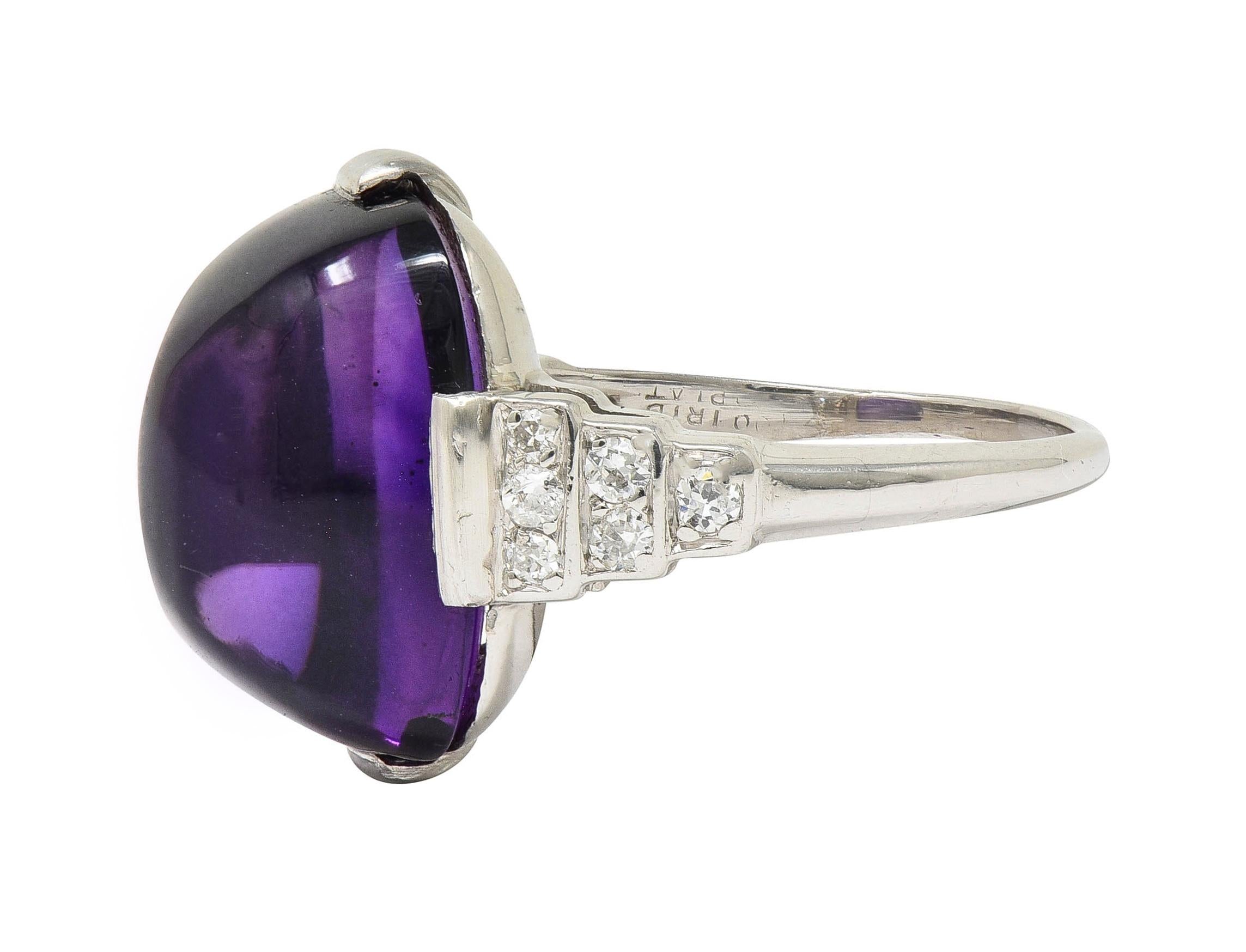 Art Deco Amethyst Cabochon Diamond Platinum Vintage Stepped Cocktail Ring