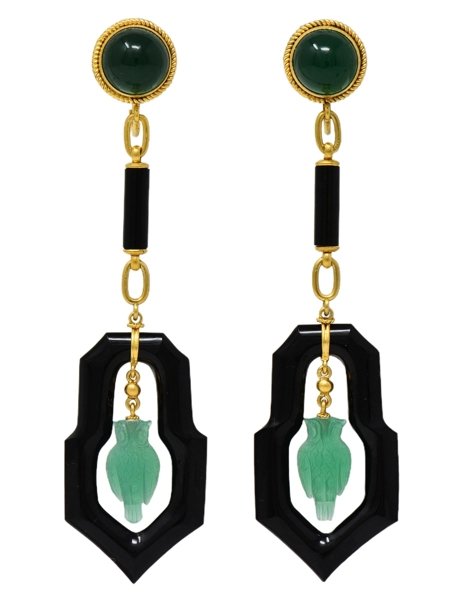 Art Deco Chrysoprase Onyx 14K Yellow Gold Owl Antique Screw-Back Drop Earrings