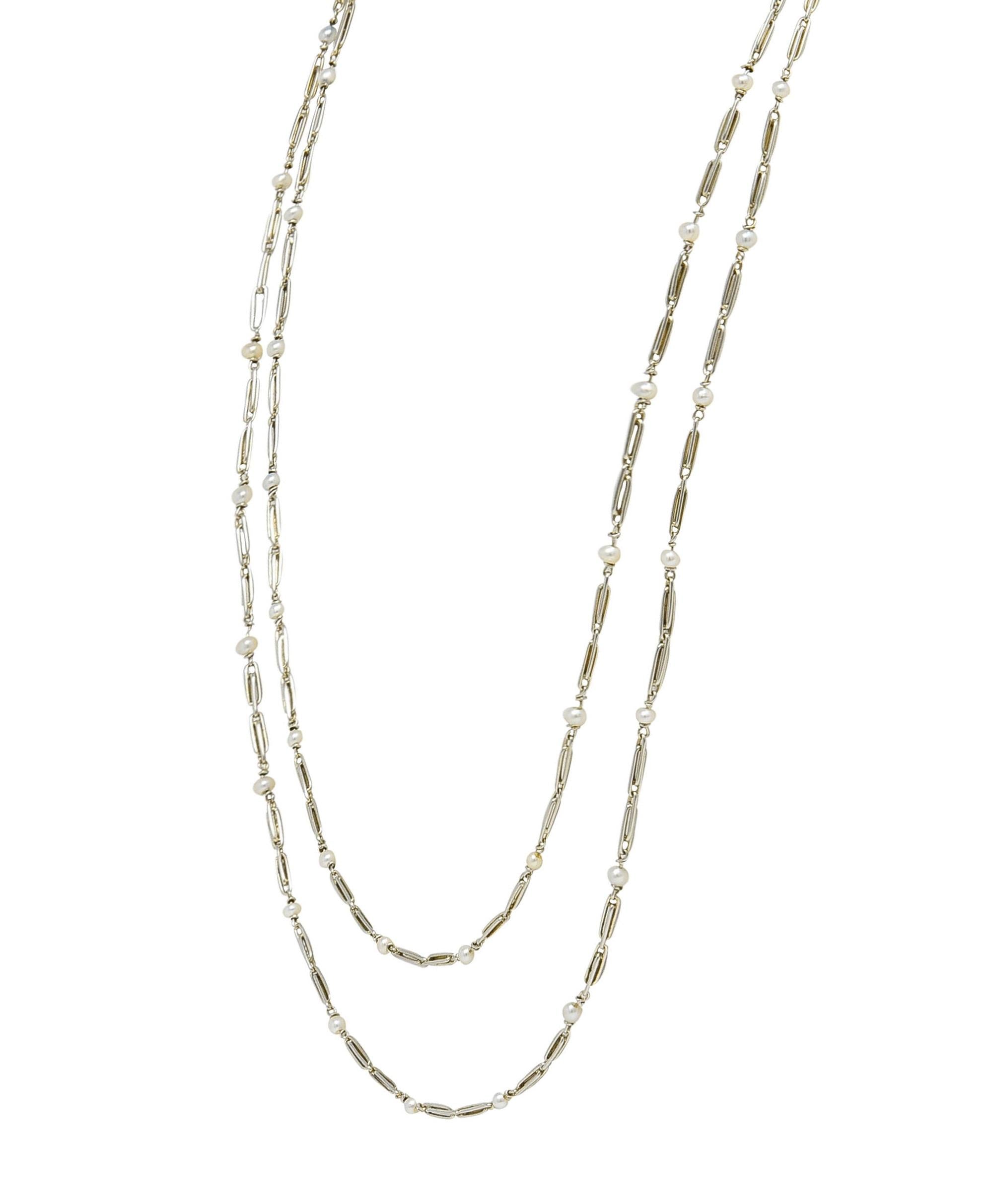 Art Deco French Pearl 18K White Gold Vintage Long Link Station Chain Necklace