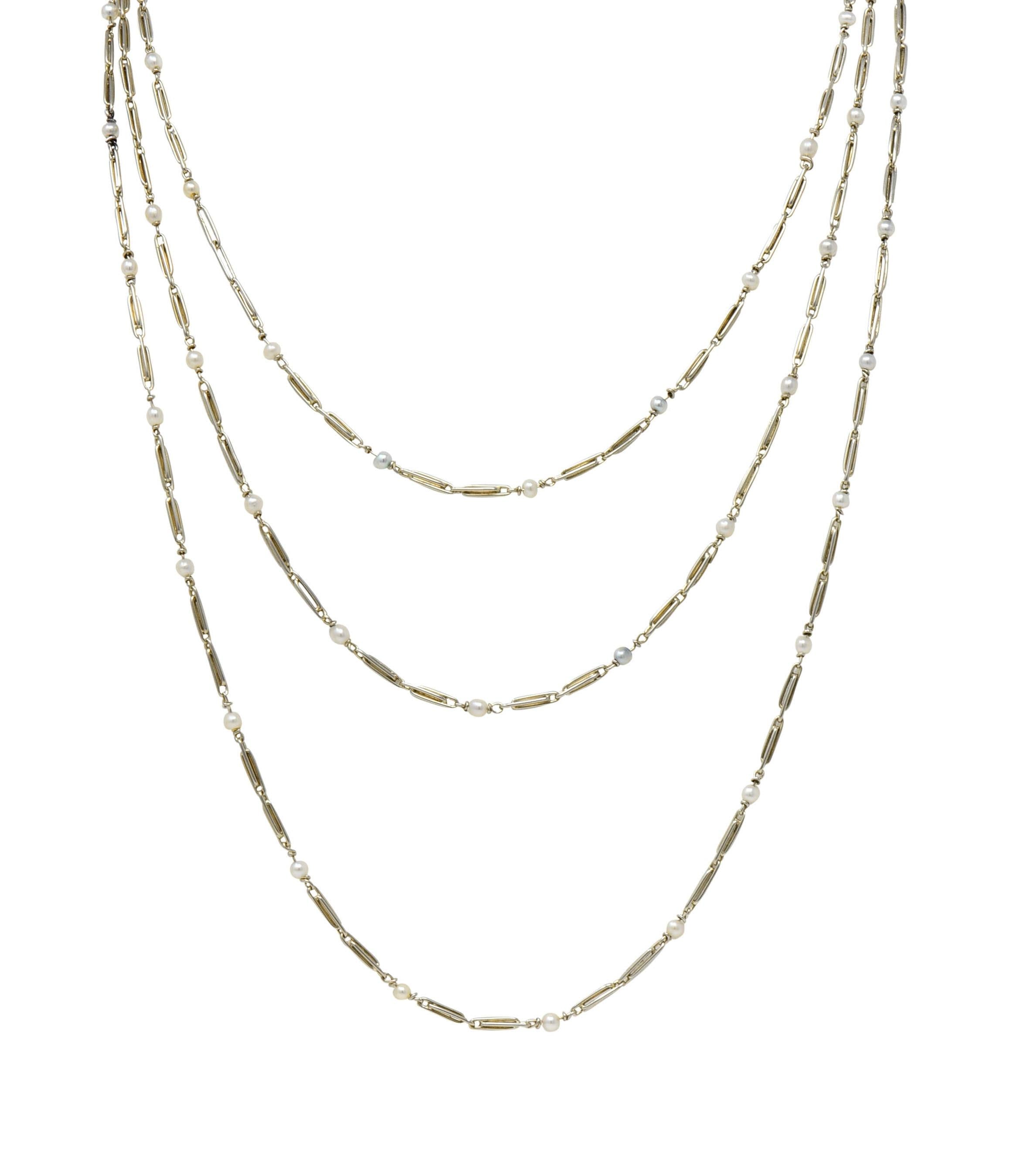 Art Deco French Pearl 18K White Gold Vintage Long Link Station Chain Necklace