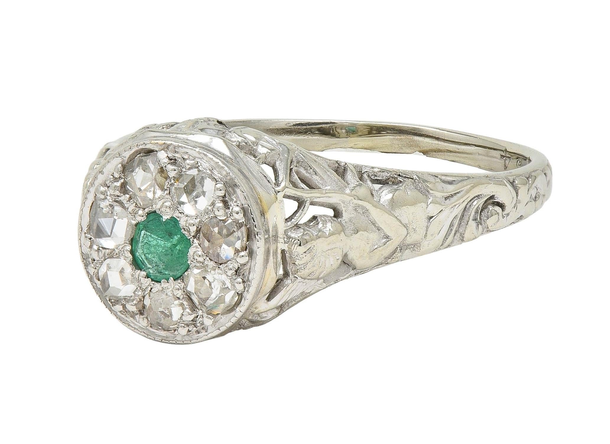 1940's Emerald Diamond 18 Karat White Gold Vintage Cupid Cluster Ring