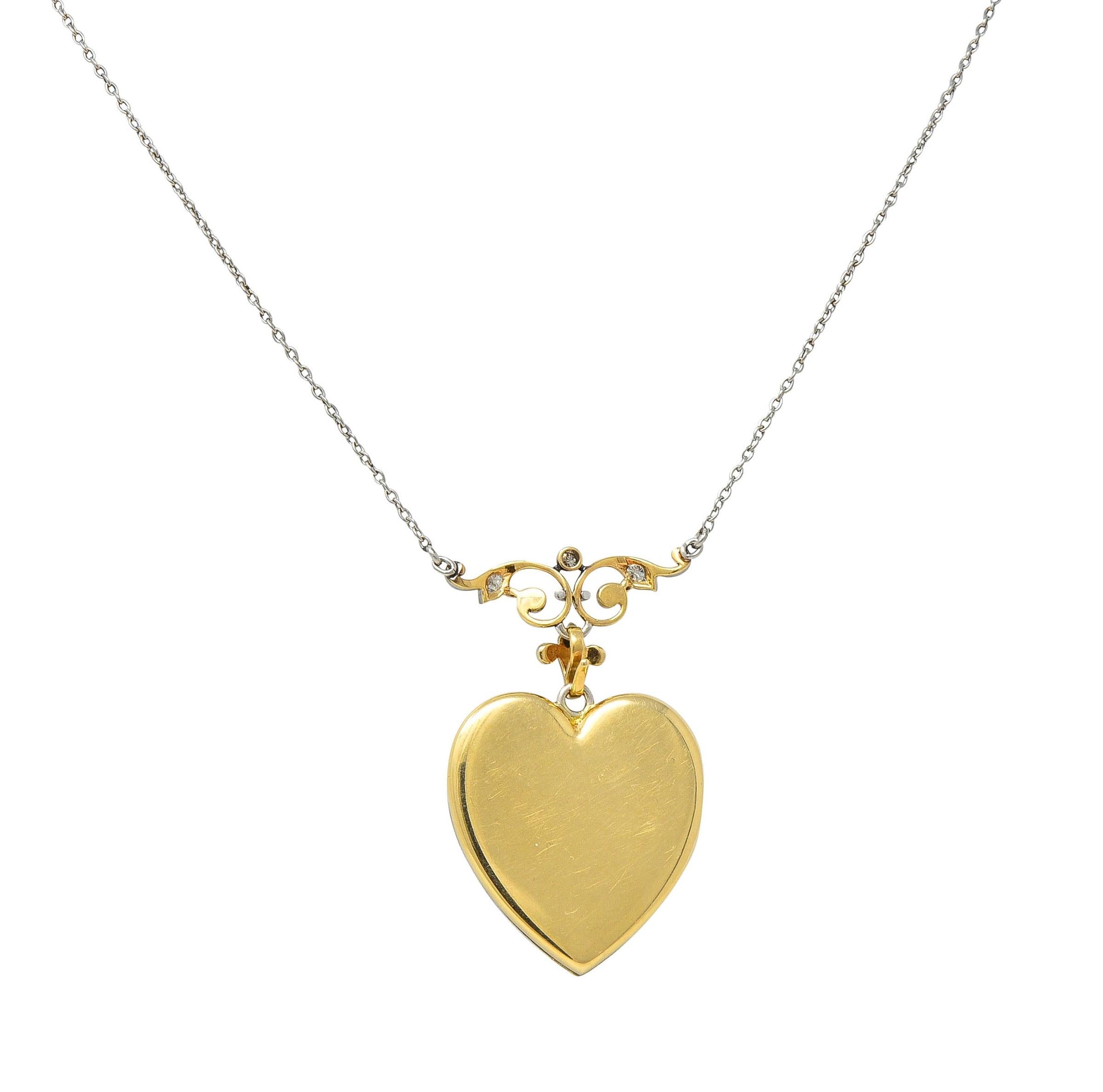 Edwardian Diamond Enamel Platinum 14K Gold Antique Heart Locket Pendant Necklace