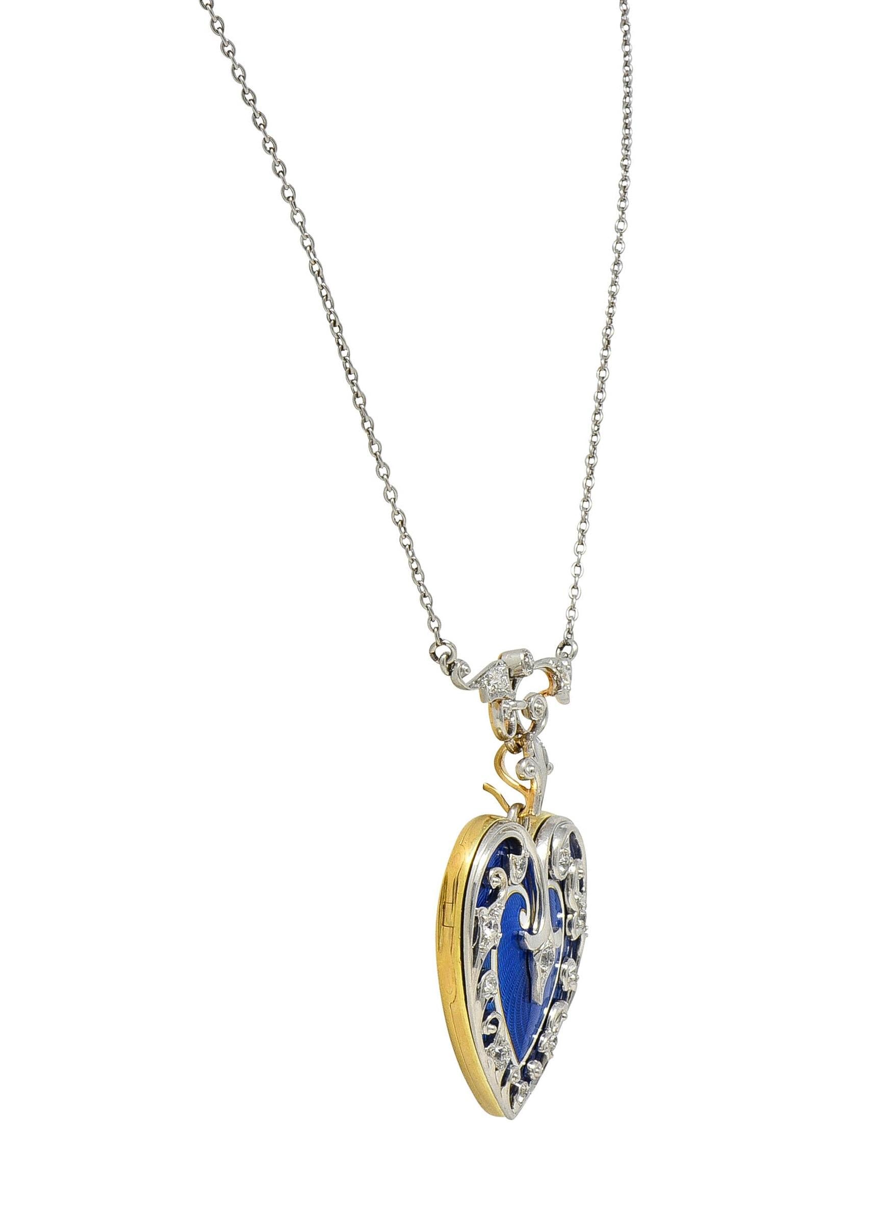 Edwardian Diamond Enamel Platinum 14K Gold Antique Heart Locket Pendant Necklace