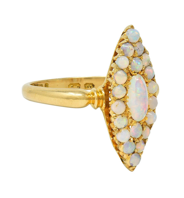 Victorian 1897 Opal Cabochon 18 Karat Yellow Gold Antique Navette Cluster Ring
