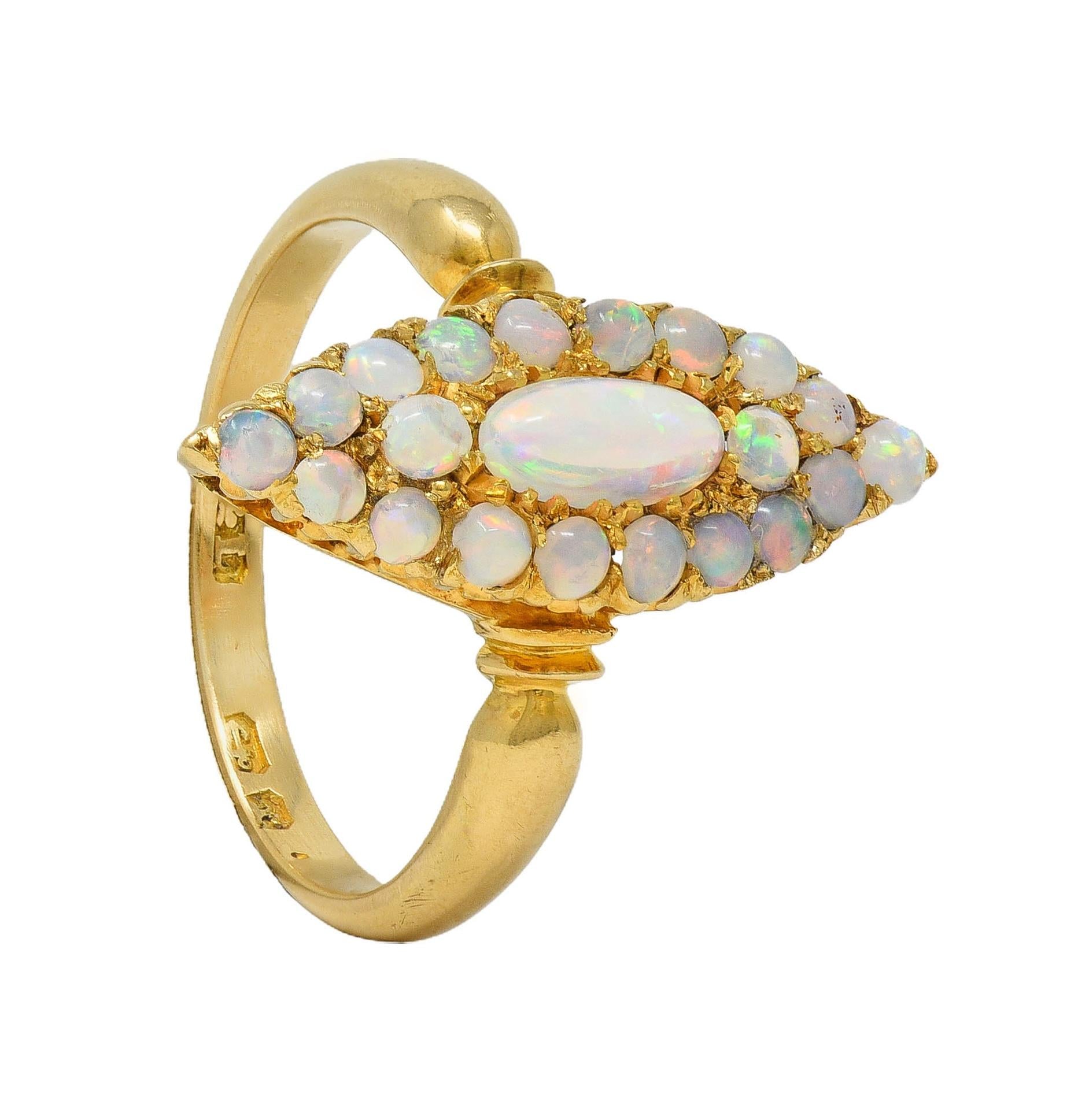 Victorian 1897 Opal Cabochon 18 Karat Yellow Gold Antique Navette Cluster Ring