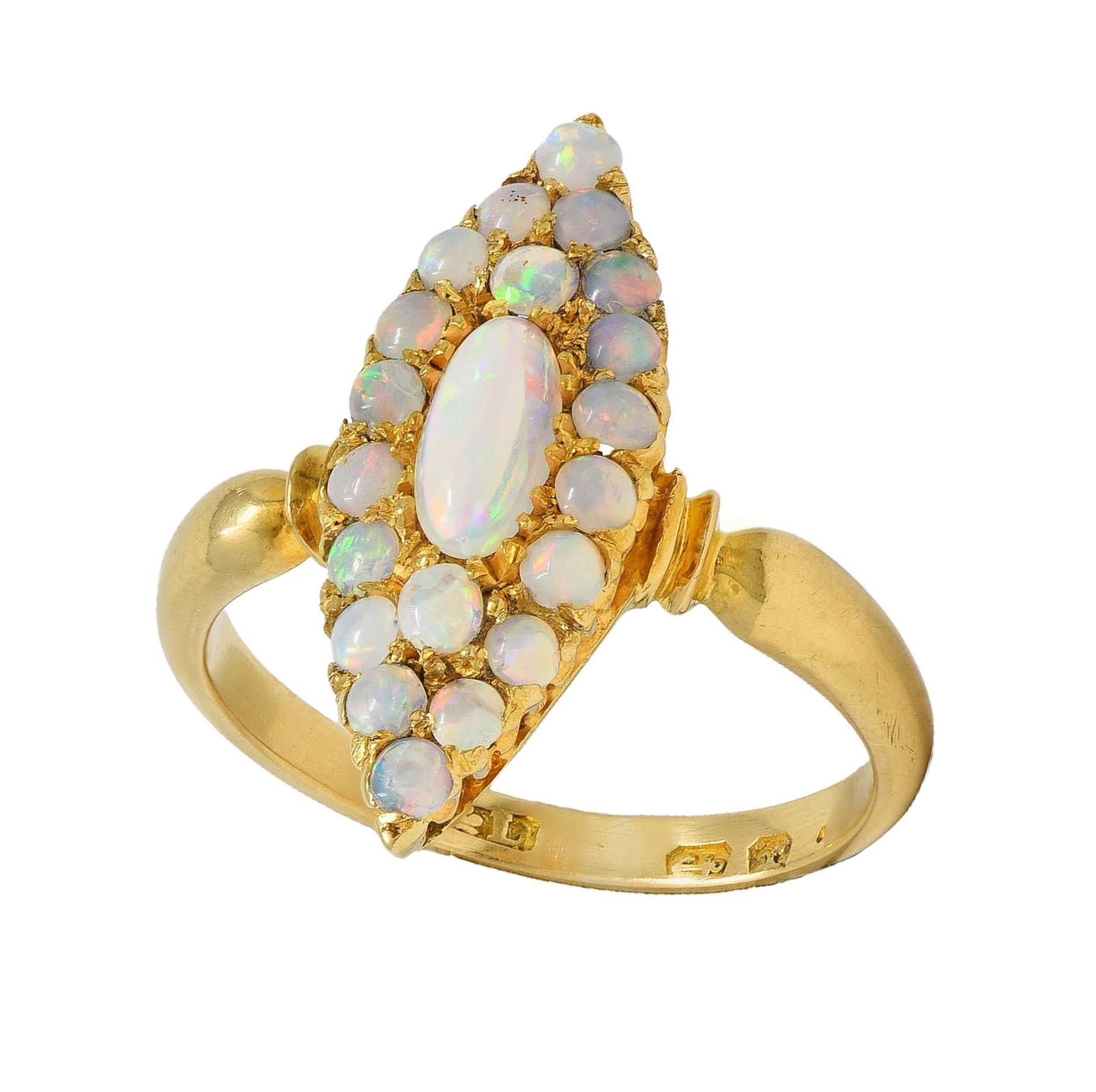 Victorian 1897 Opal Cabochon 18 Karat Yellow Gold Antique Navette Cluster Ring