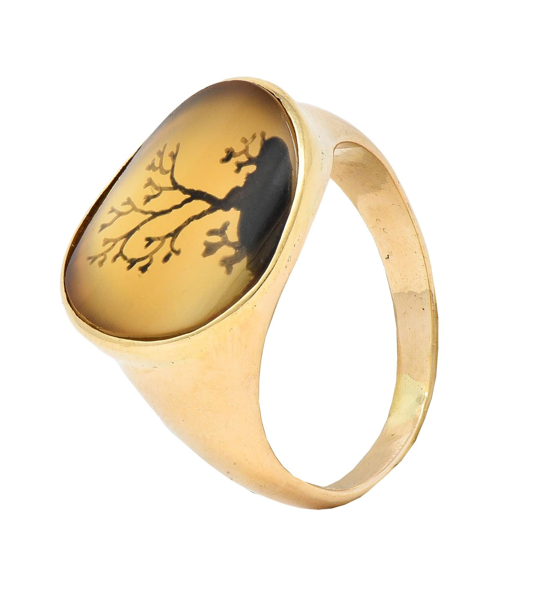 Victorian Dendritic Agate 10 Karat Yellow Gold Antique Tree Of Life Signet Ring