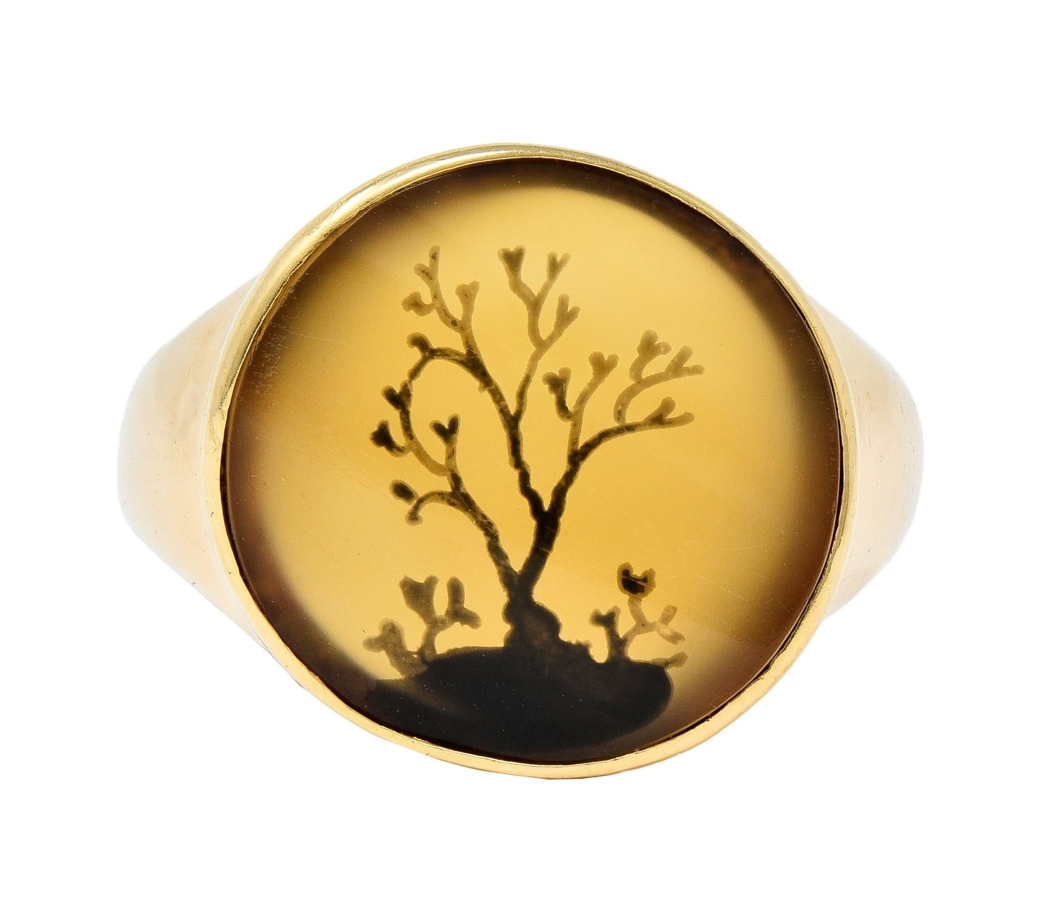 Victorian Dendritic Agate 10 Karat Yellow Gold Antique Tree Of Life Signet Ring