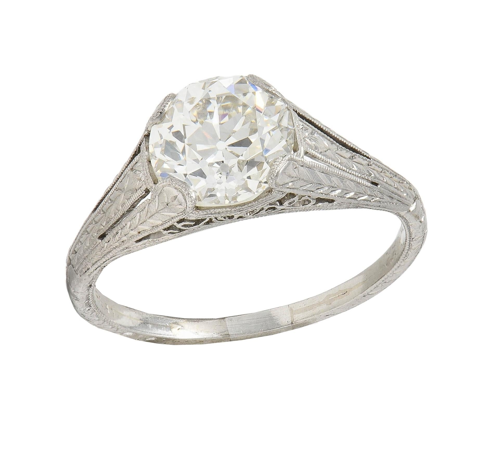 1922 Art Deco 1.79 CTW Diamond Platinum Scrolled Lotus Antique Engagement Ring