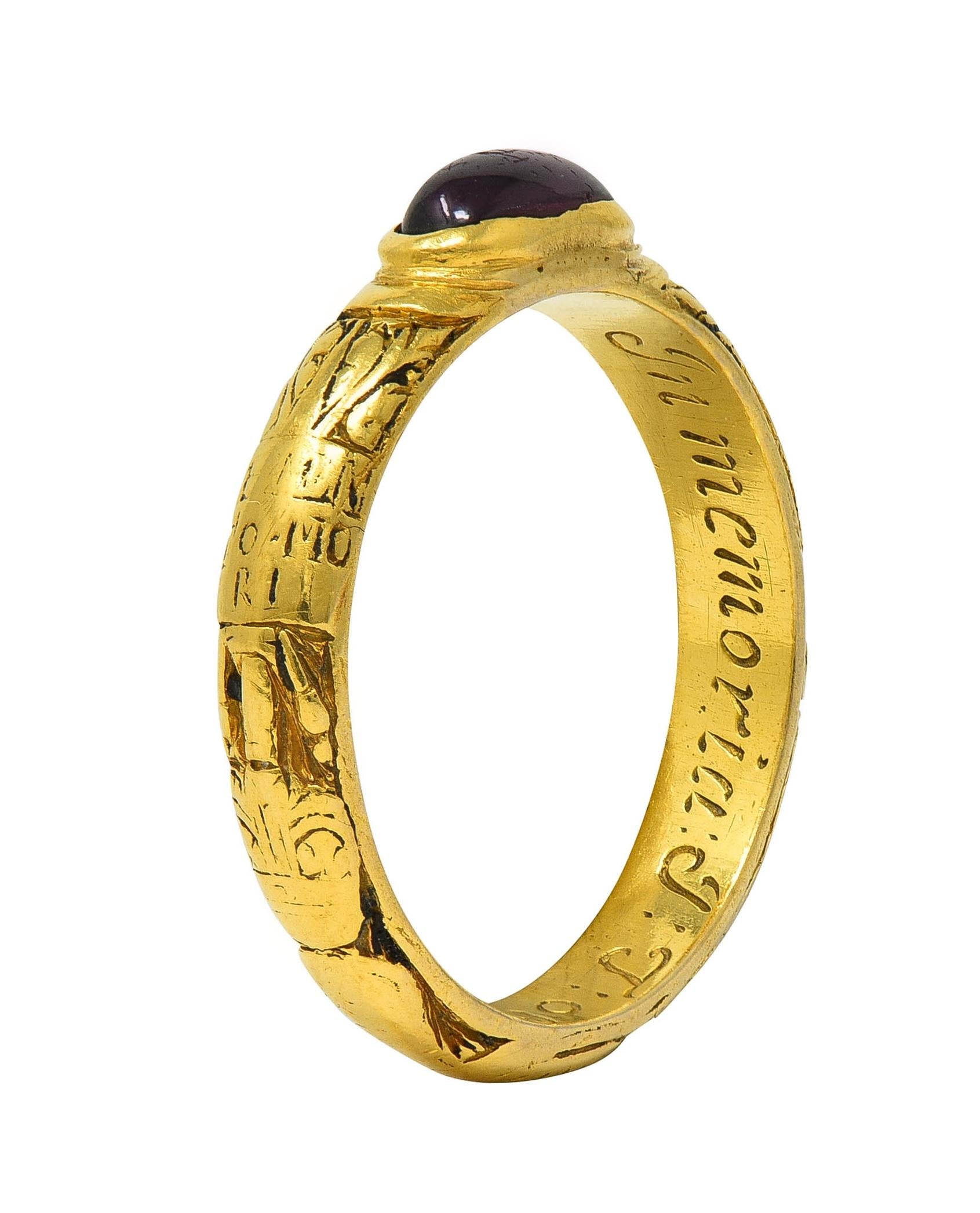 Georgian 1721 Ruby 18K Yellow Gold Antique Memento Mori Mourning Band Ring