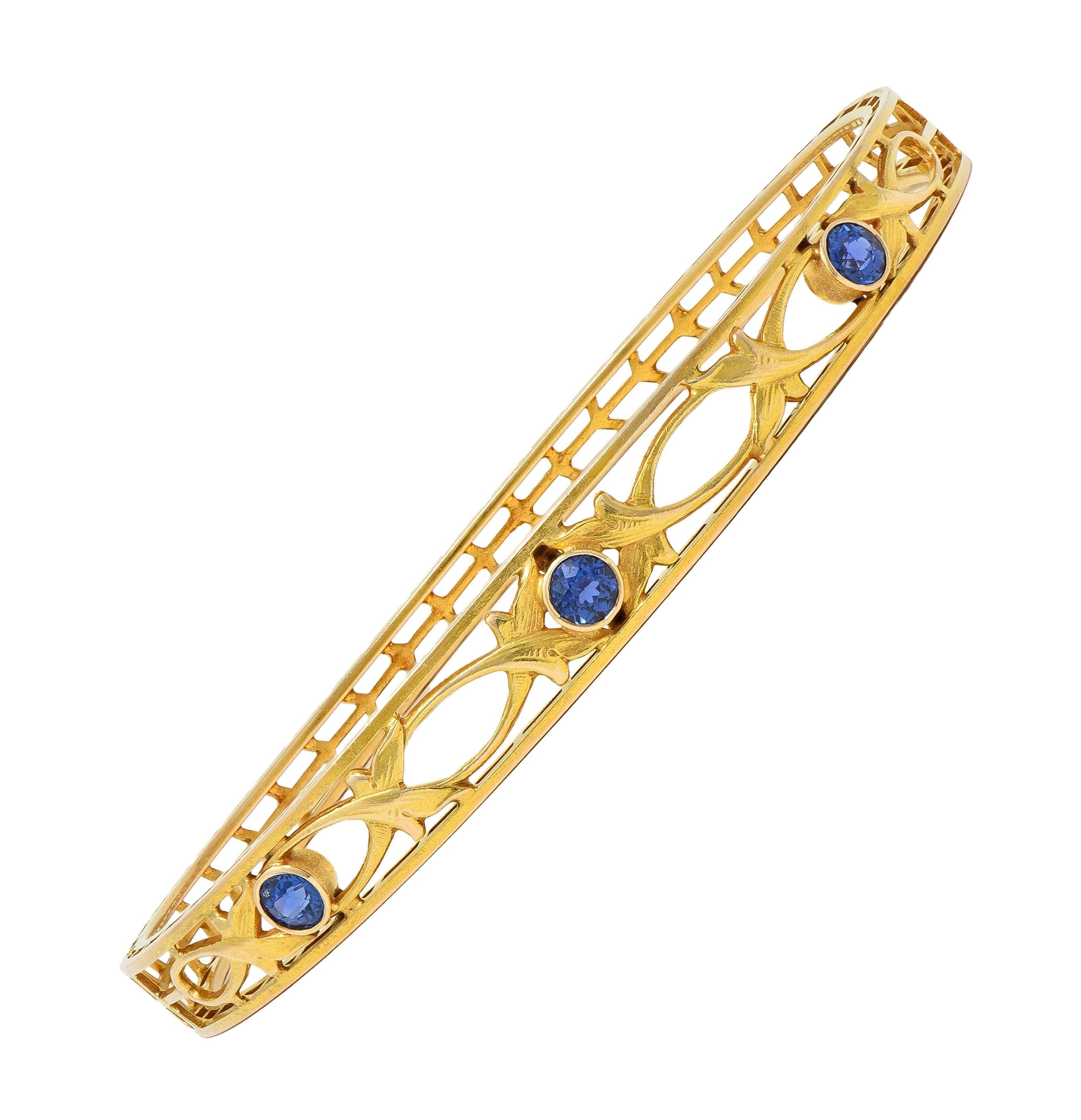 Burstow Kollmar Art Nouveau Sapphire 14K Yellow Gold Antique Bangle Bracelet