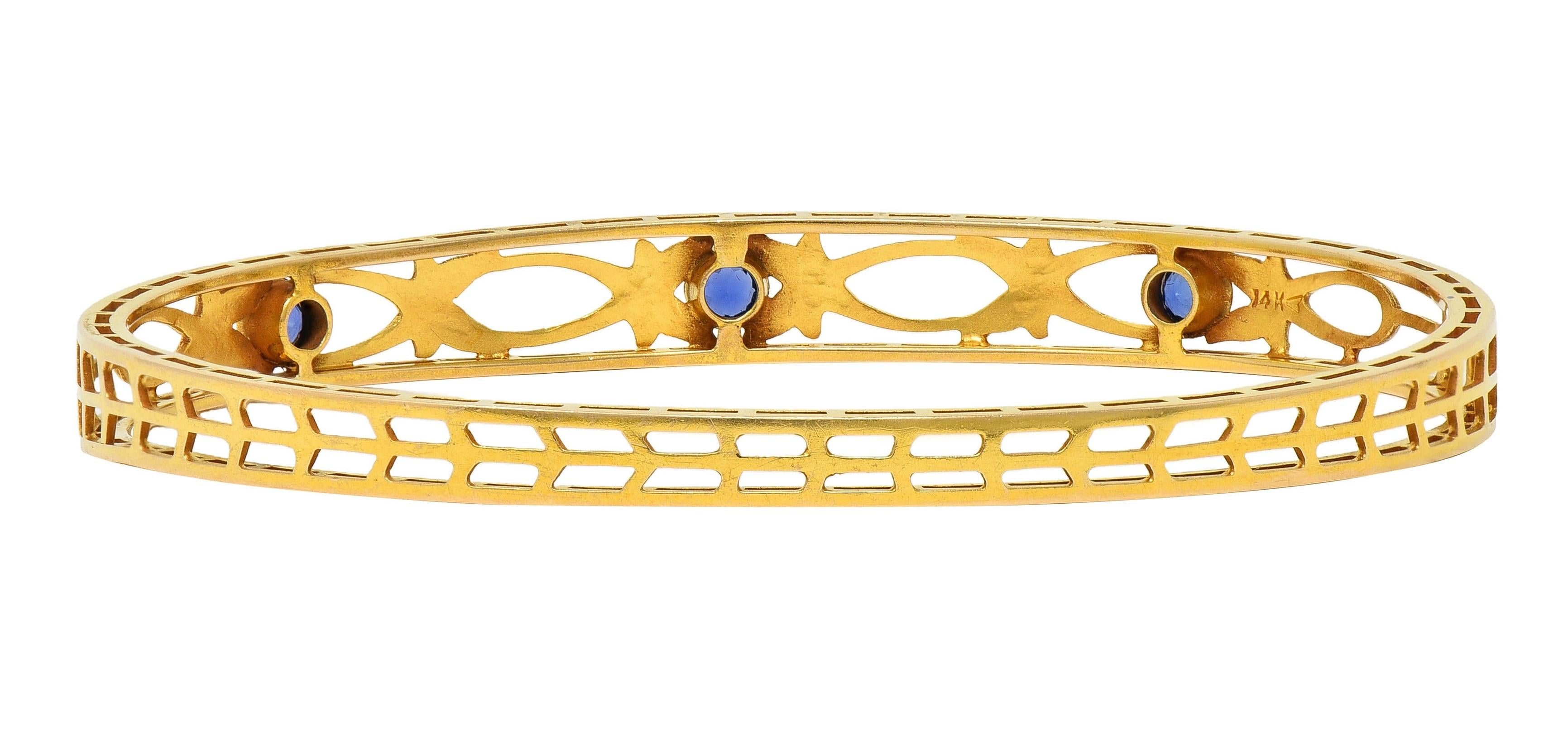 Burstow Kollmar Art Nouveau Sapphire 14K Yellow Gold Antique Bangle Bracelet