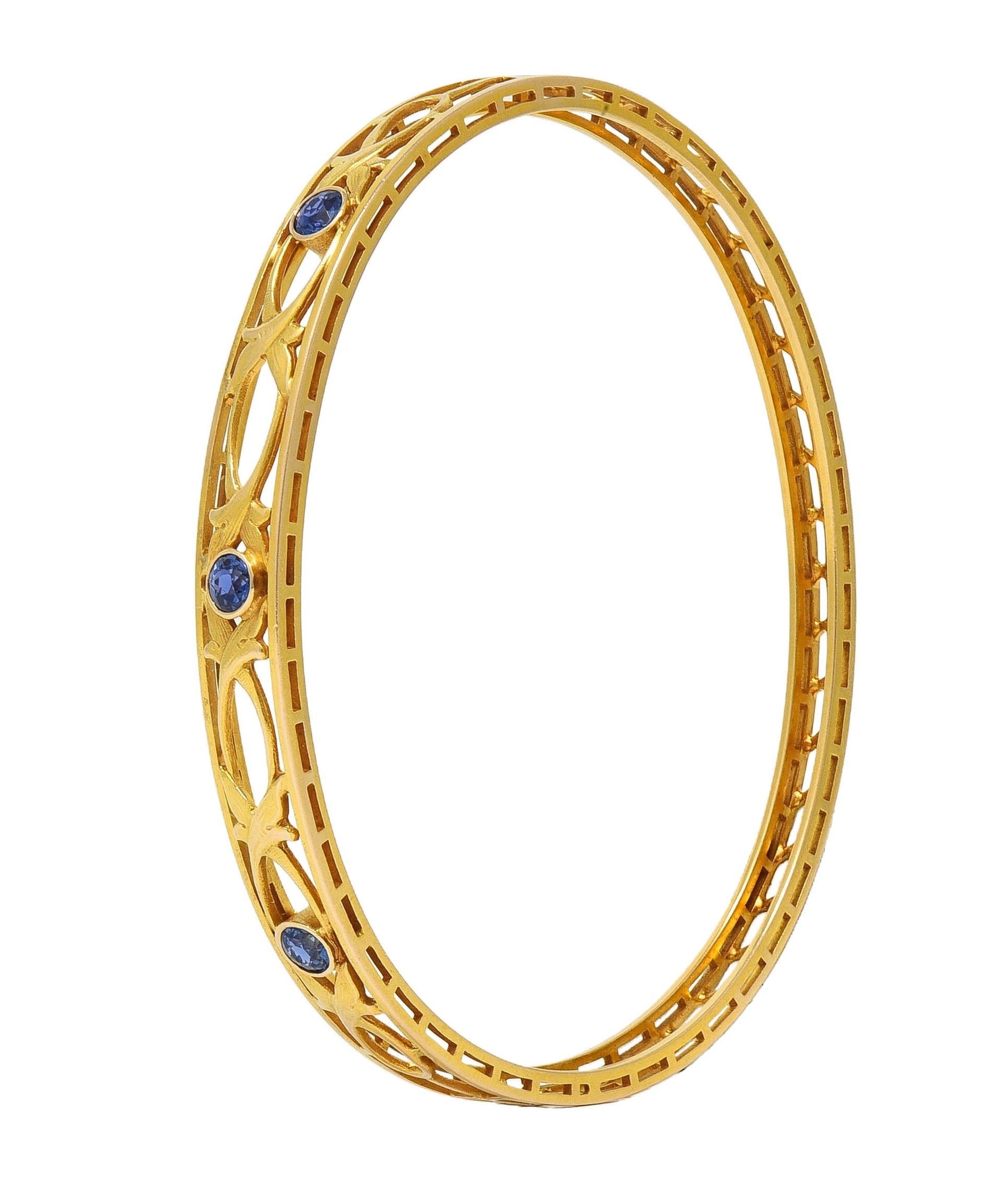 Burstow Kollmar Art Nouveau Sapphire 14K Yellow Gold Antique Bangle Bracelet