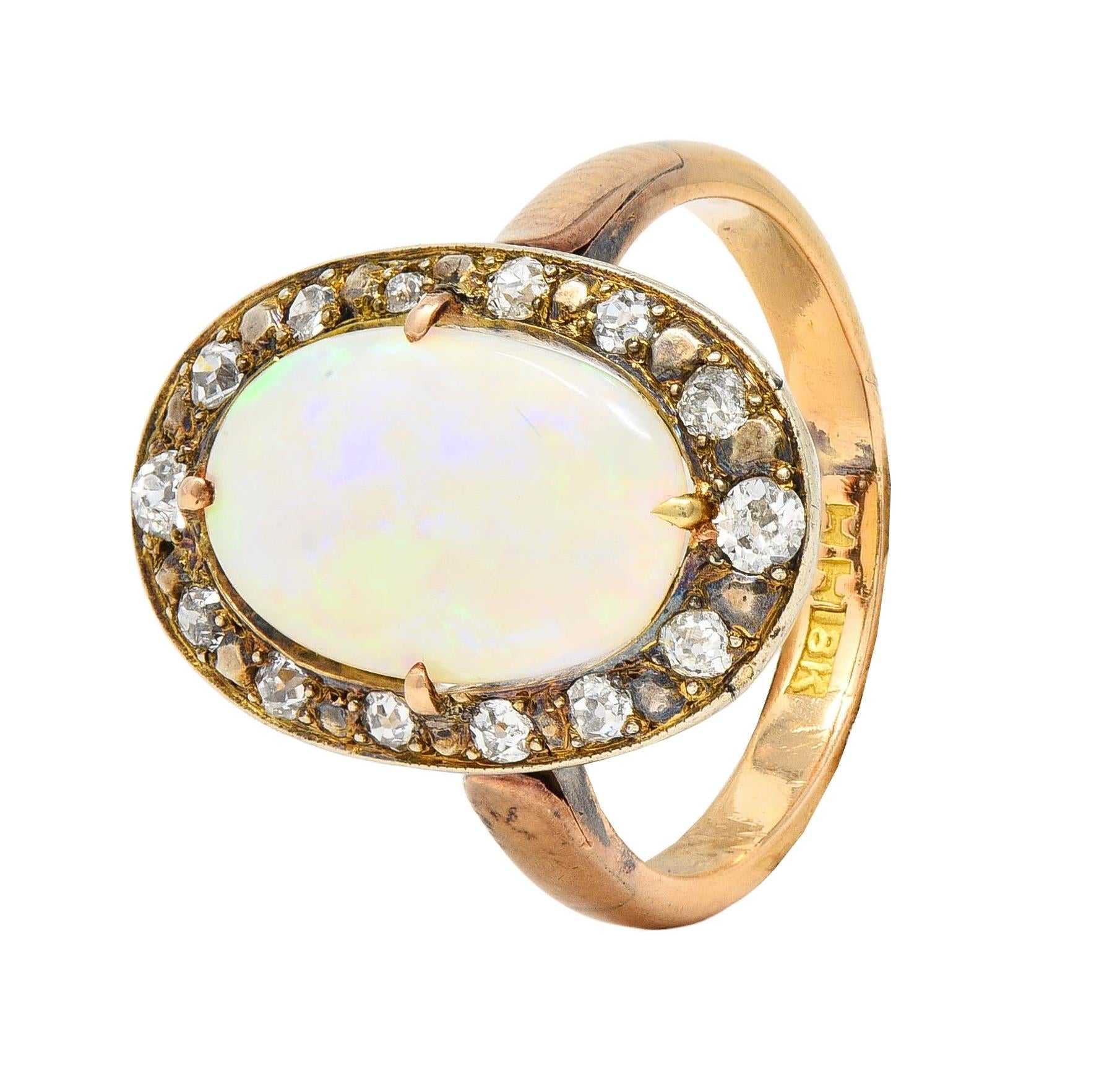 Victorian Opal Diamond 18 Karat Yellow Gold Antique Halo Ring