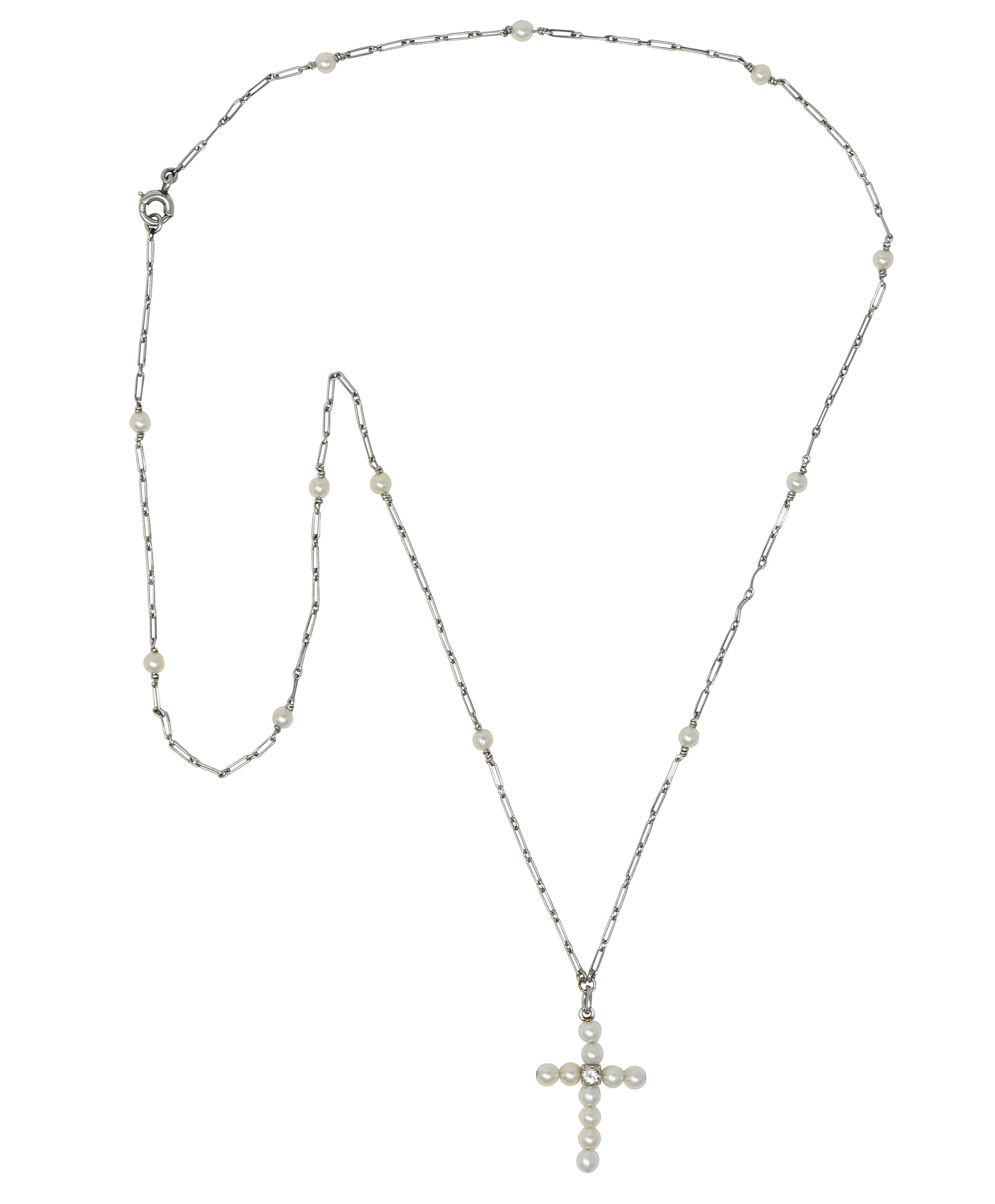 Edwardian Diamond Pearl Platinum Antique Cross Pendant Station Necklace