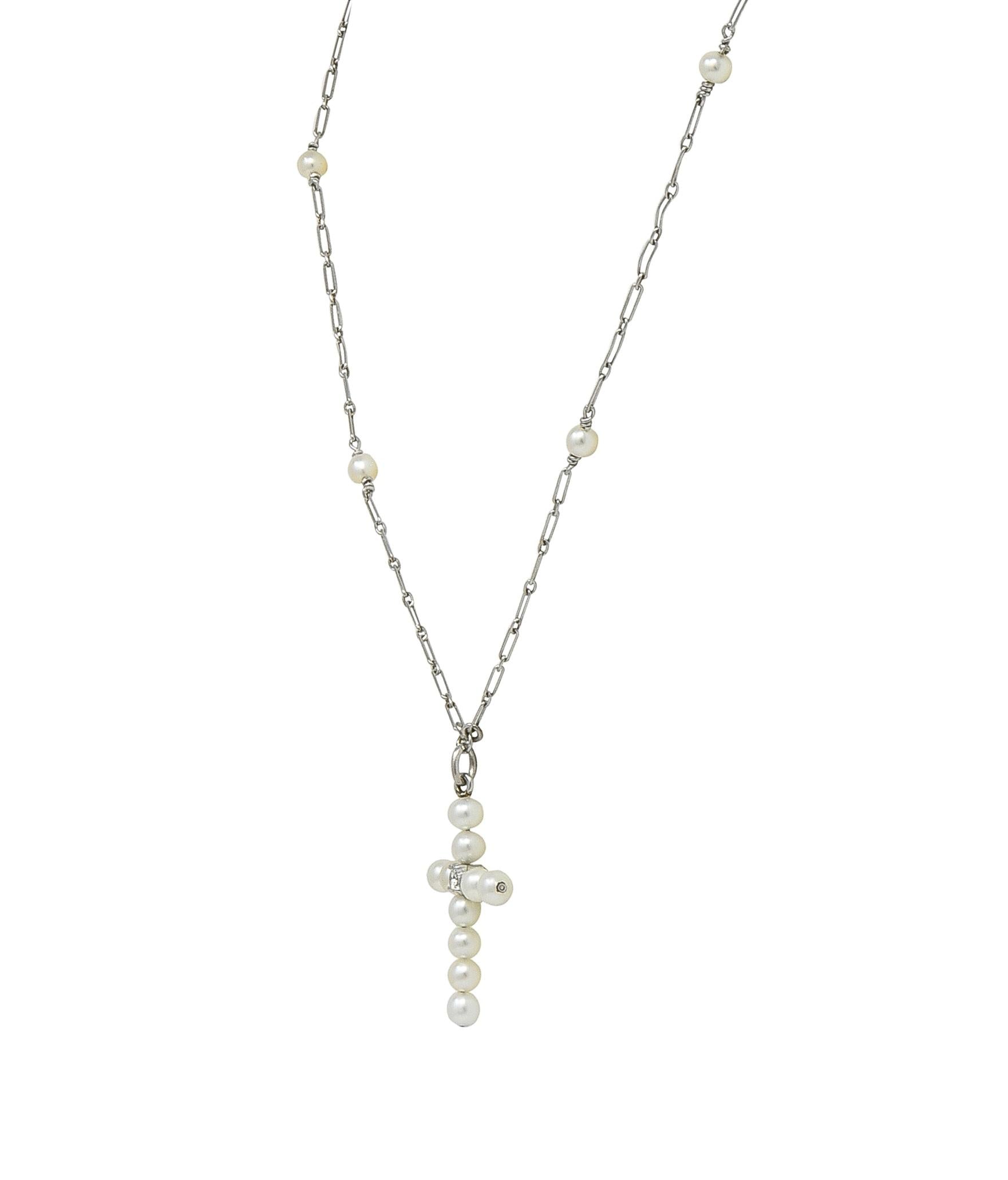 Edwardian Diamond Pearl Platinum Antique Cross Pendant Station Necklace